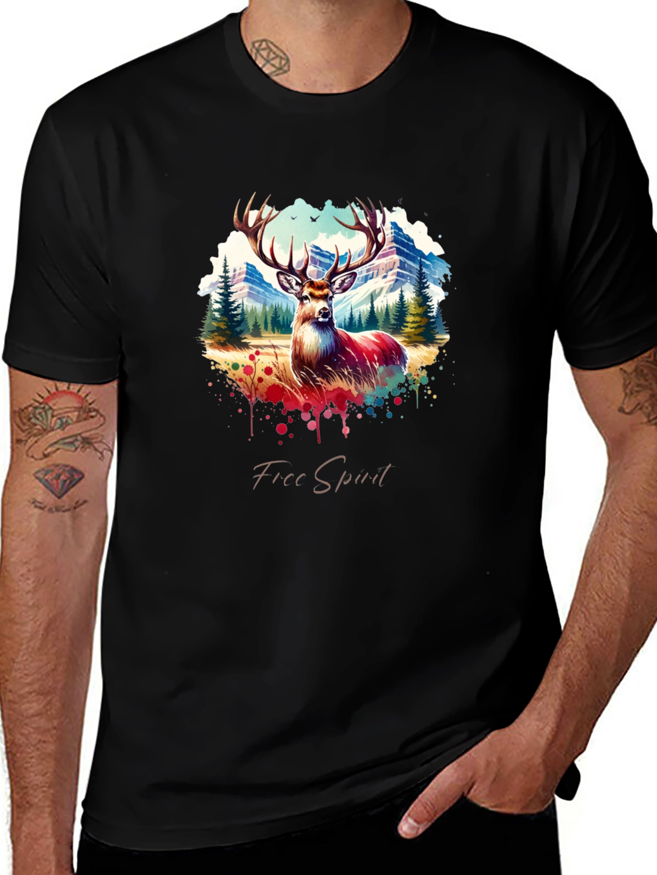 Mens Black Deer Graphic Tee - Free Spirit Design