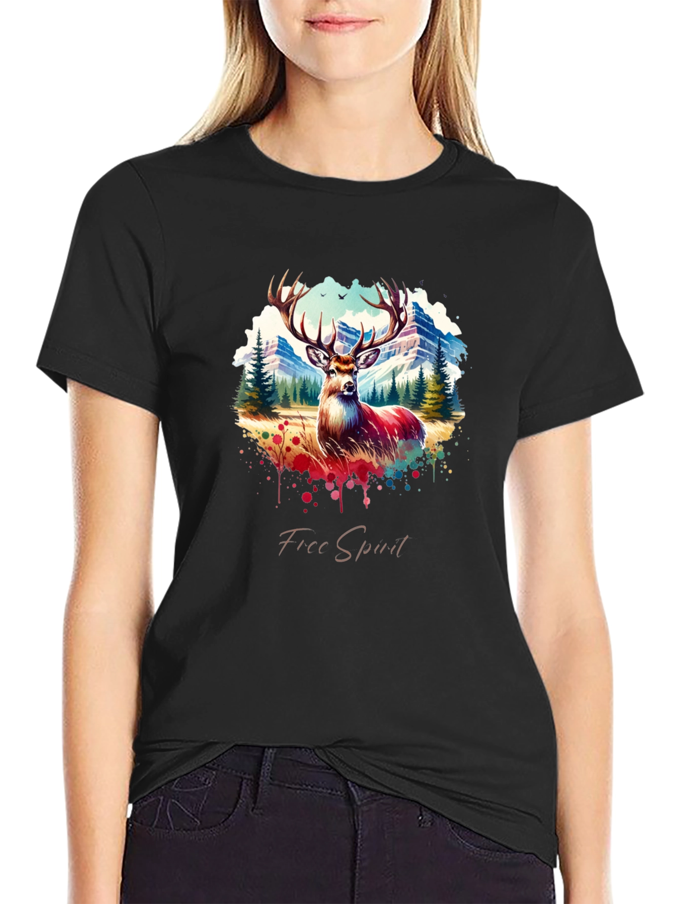 Mens Black Deer Graphic Tee - Free Spirit Design