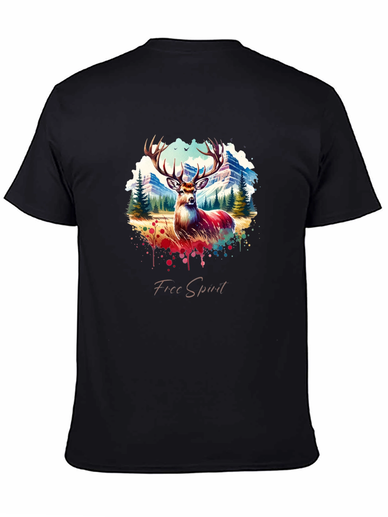 Mens Black Deer Graphic Tee - Free Spirit Design