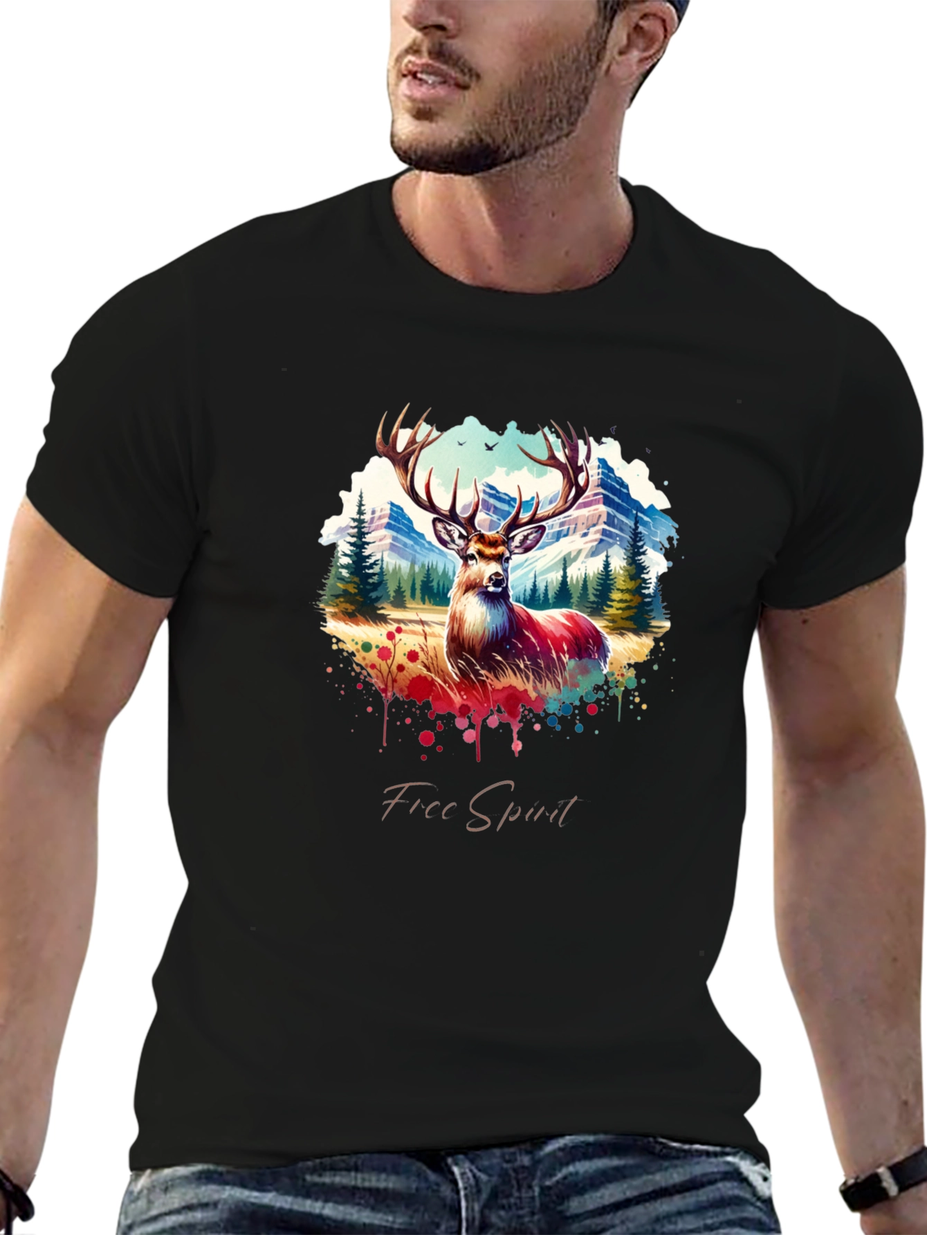 Mens Black Deer Graphic Tee - Free Spirit Design