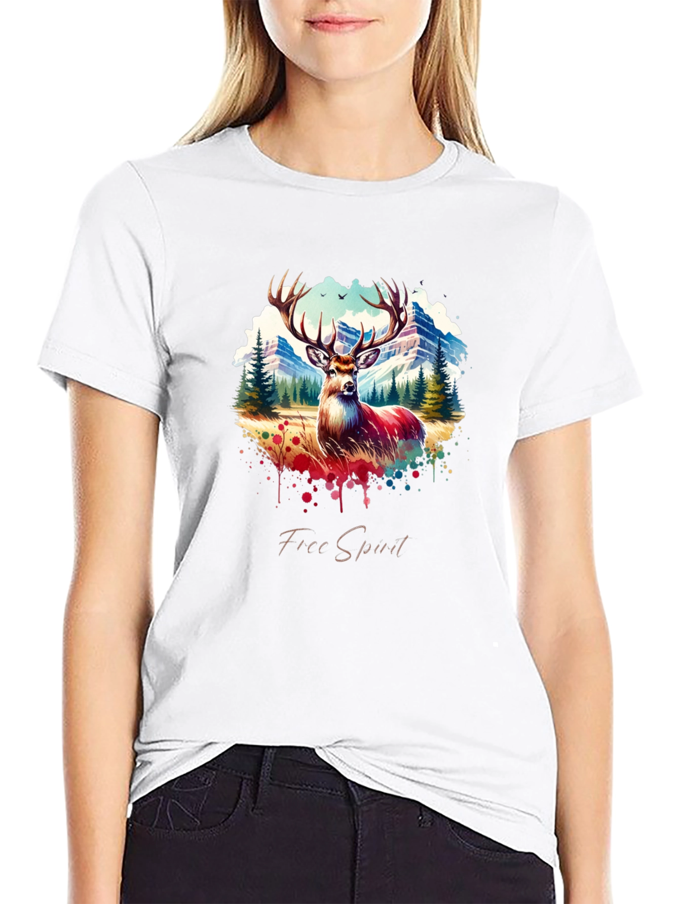 Mens Black Deer Graphic Tee - Free Spirit Design