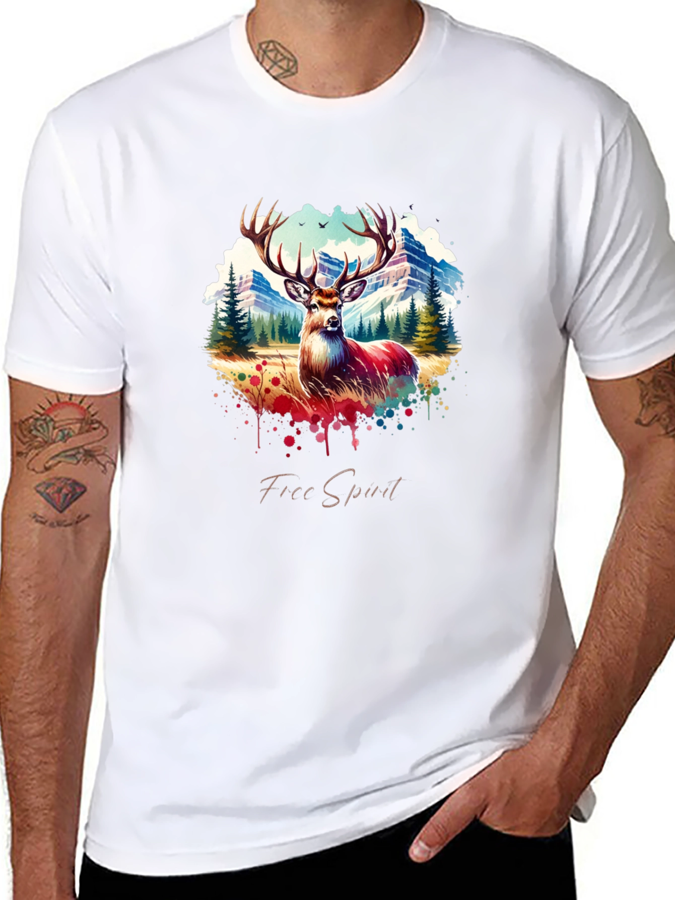 Mens Black Deer Graphic Tee - Free Spirit Design