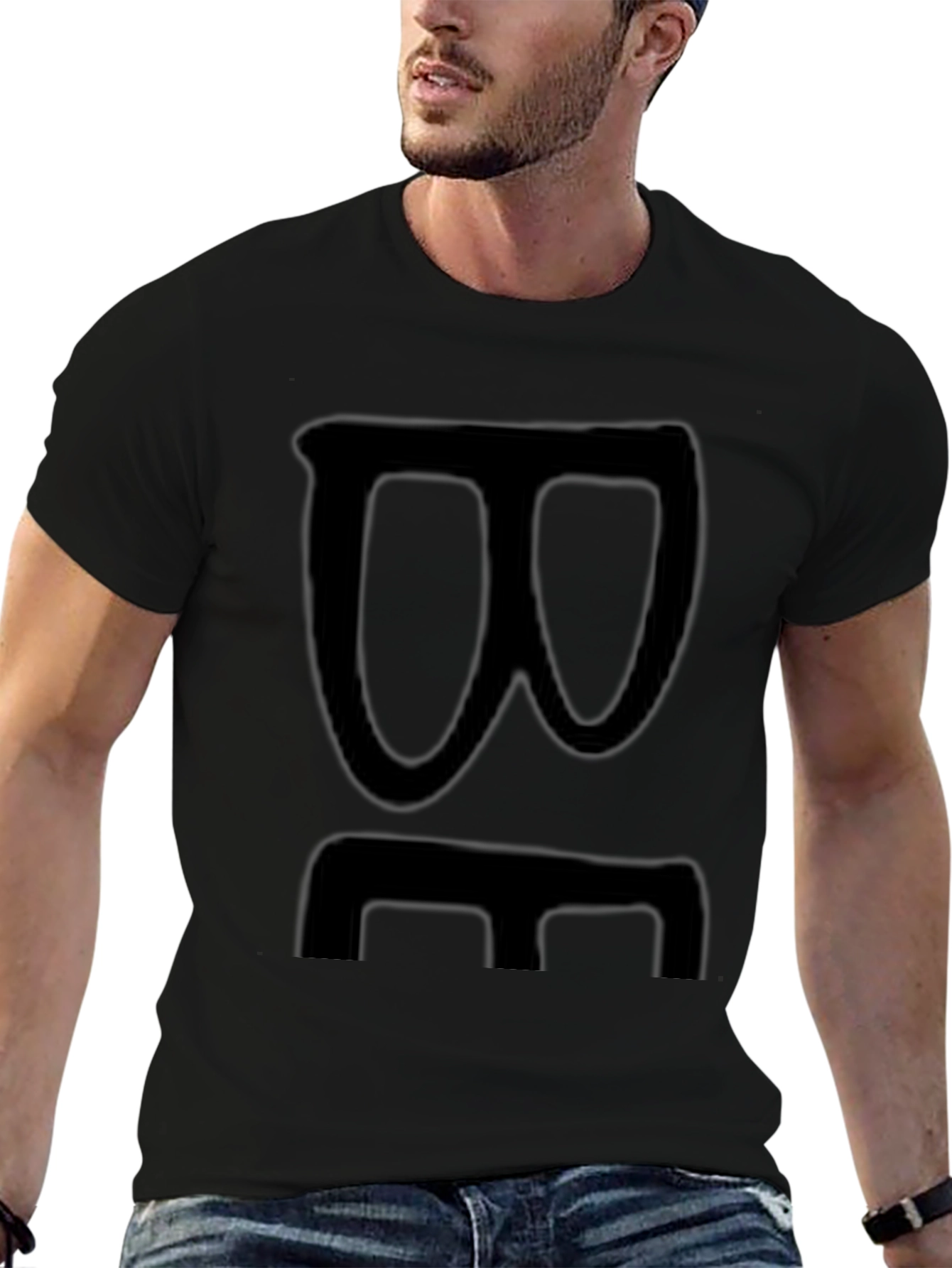 Black Graphic Tee with Abstract Face Design