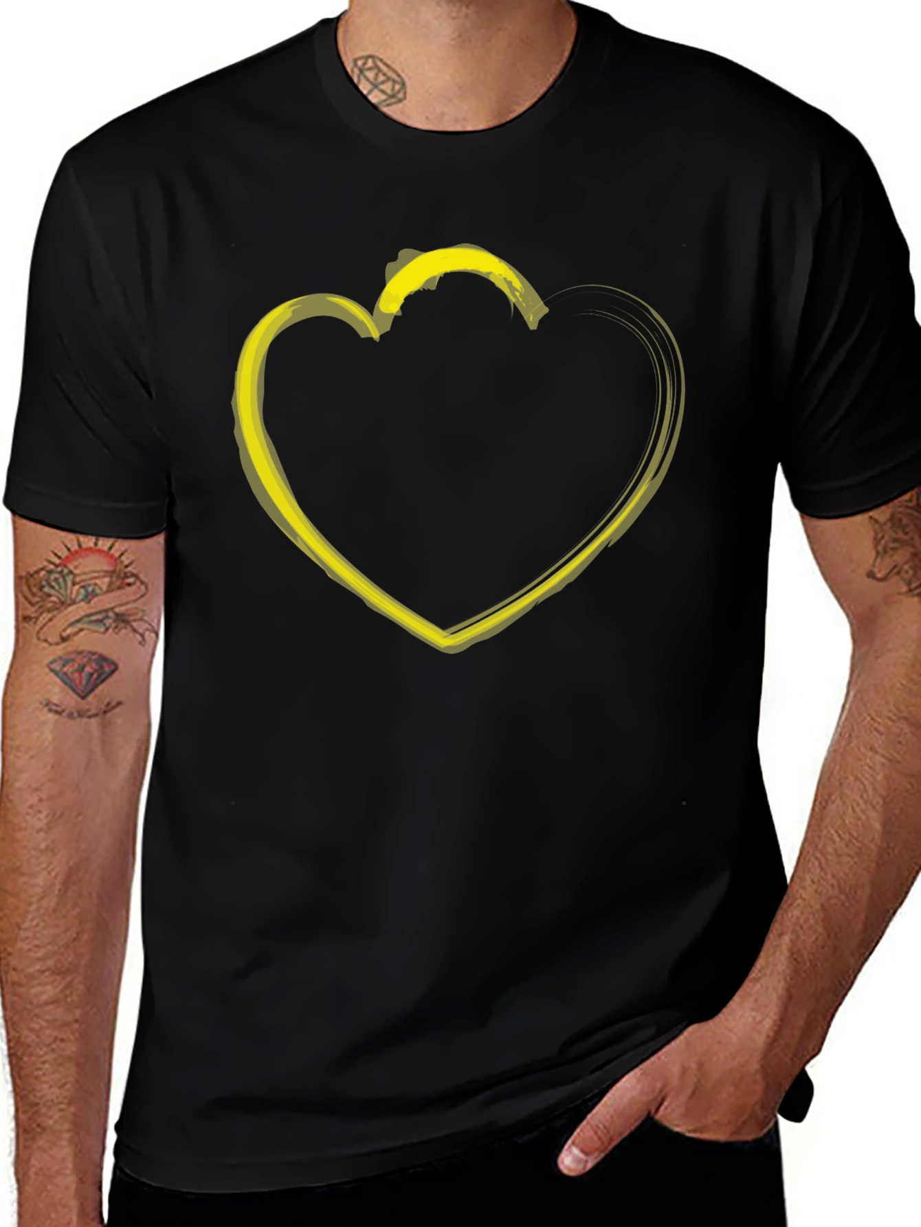 Black T-Shirt with Yellow Heart Graphic