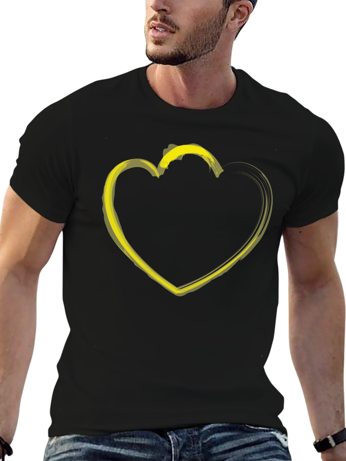 Black T-Shirt with Yellow Heart Graphic
