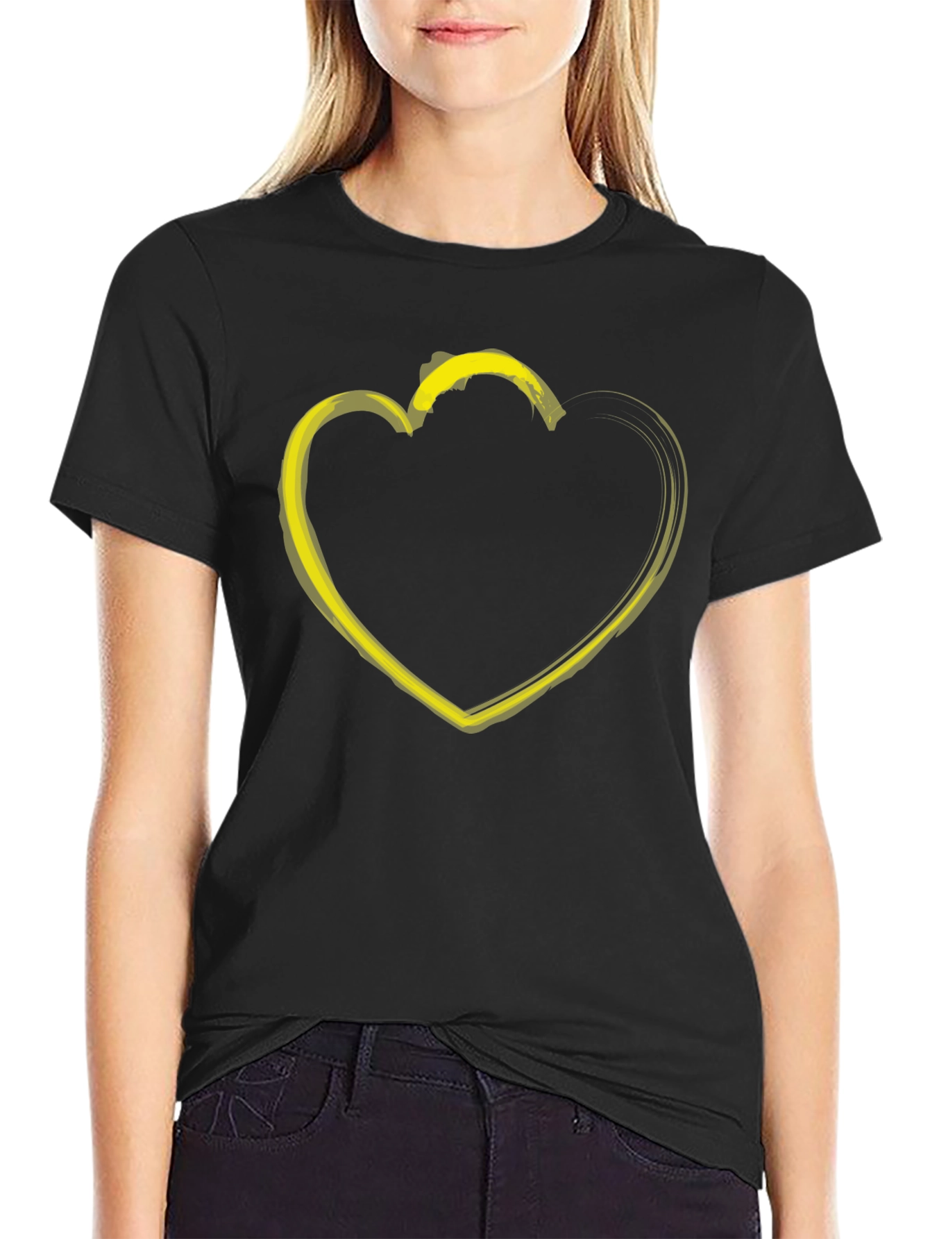 Black T-Shirt with Yellow Heart Graphic