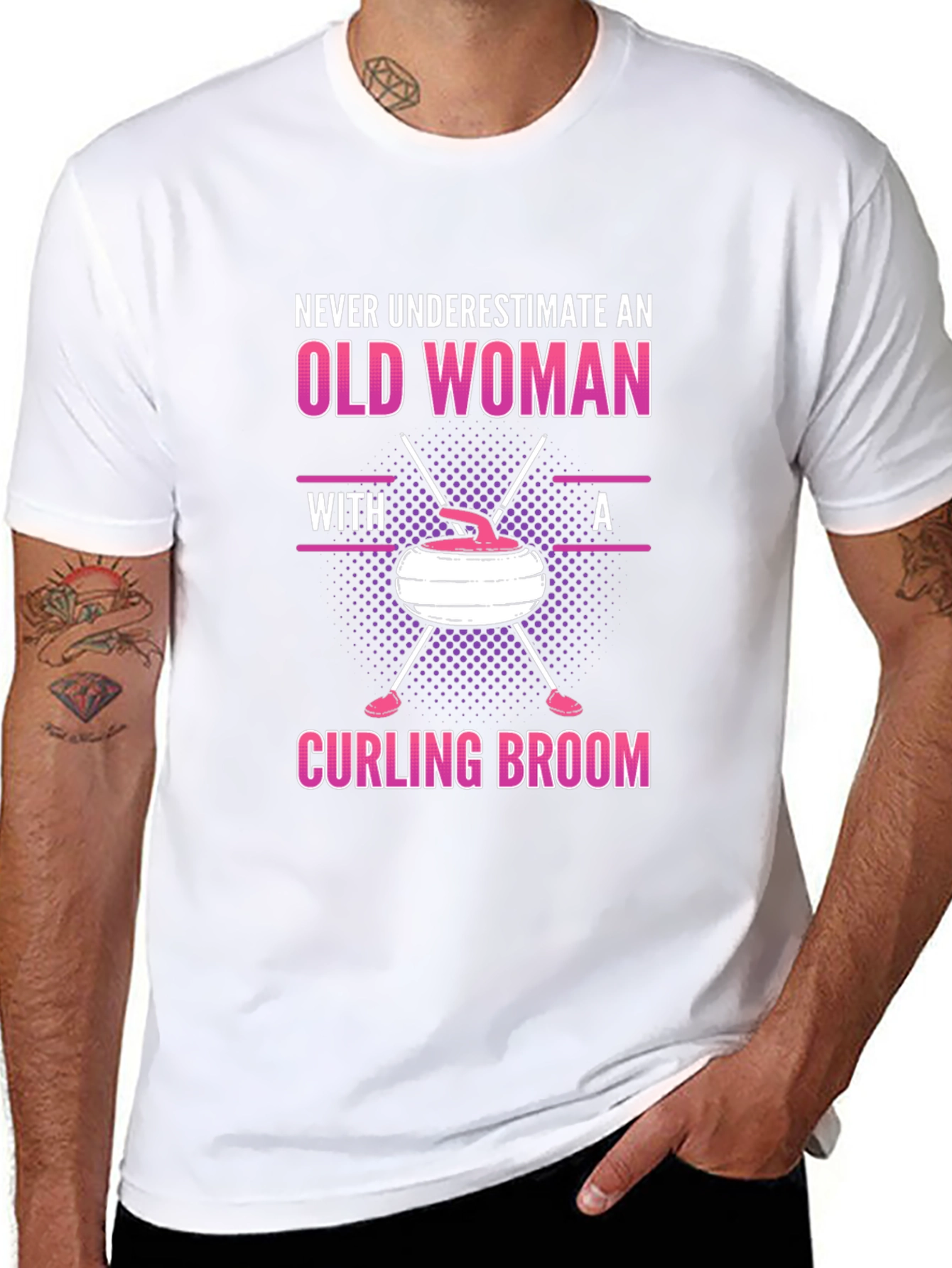 Old Woman Curling Broom Graphic T-Shirt