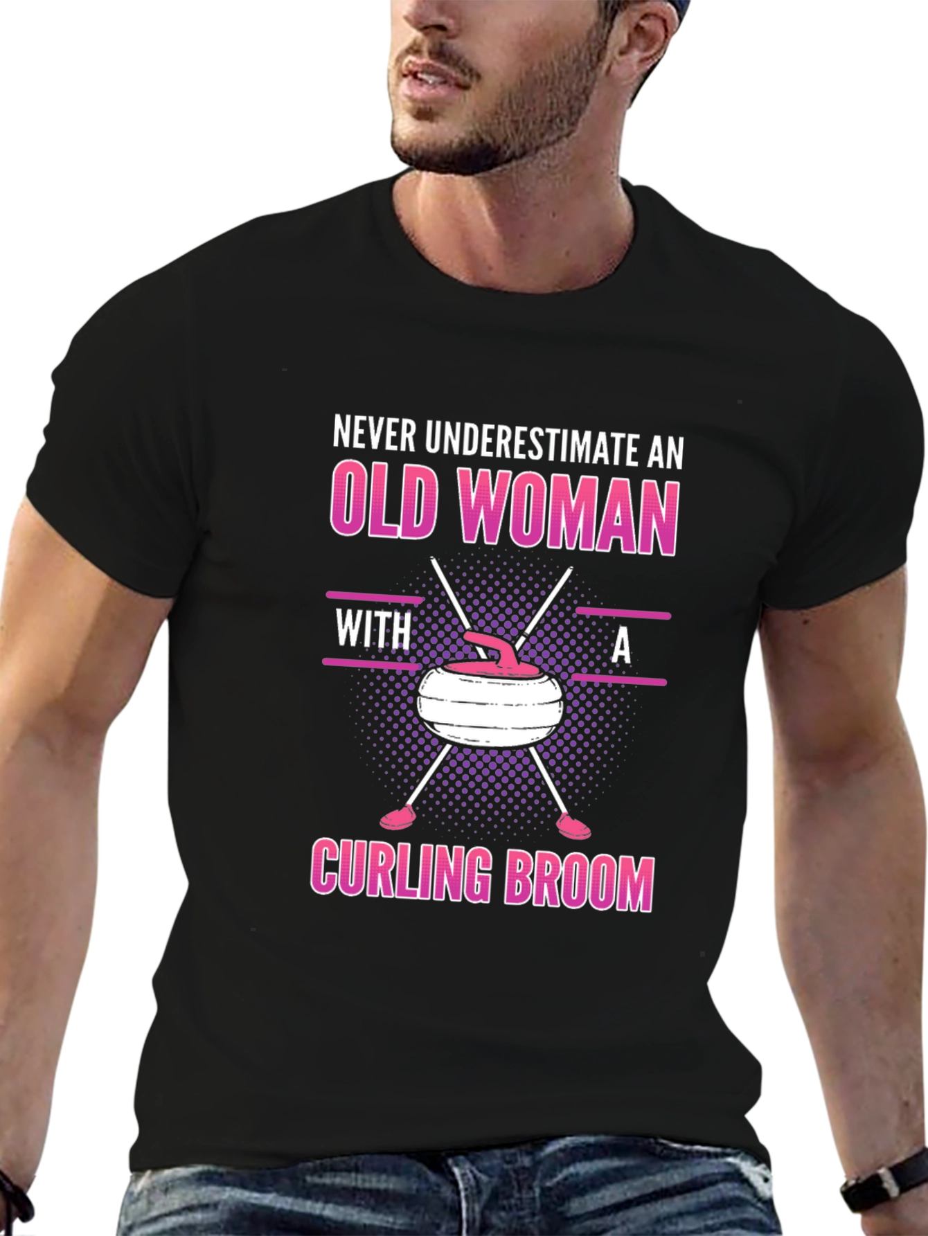 Old Woman Curling Broom Graphic T-Shirt