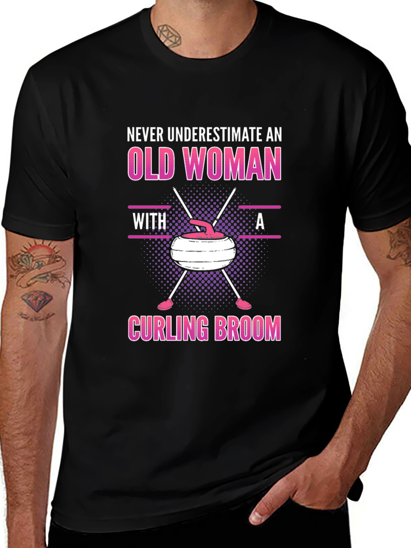 Old Woman Curling Broom Graphic T-Shirt
