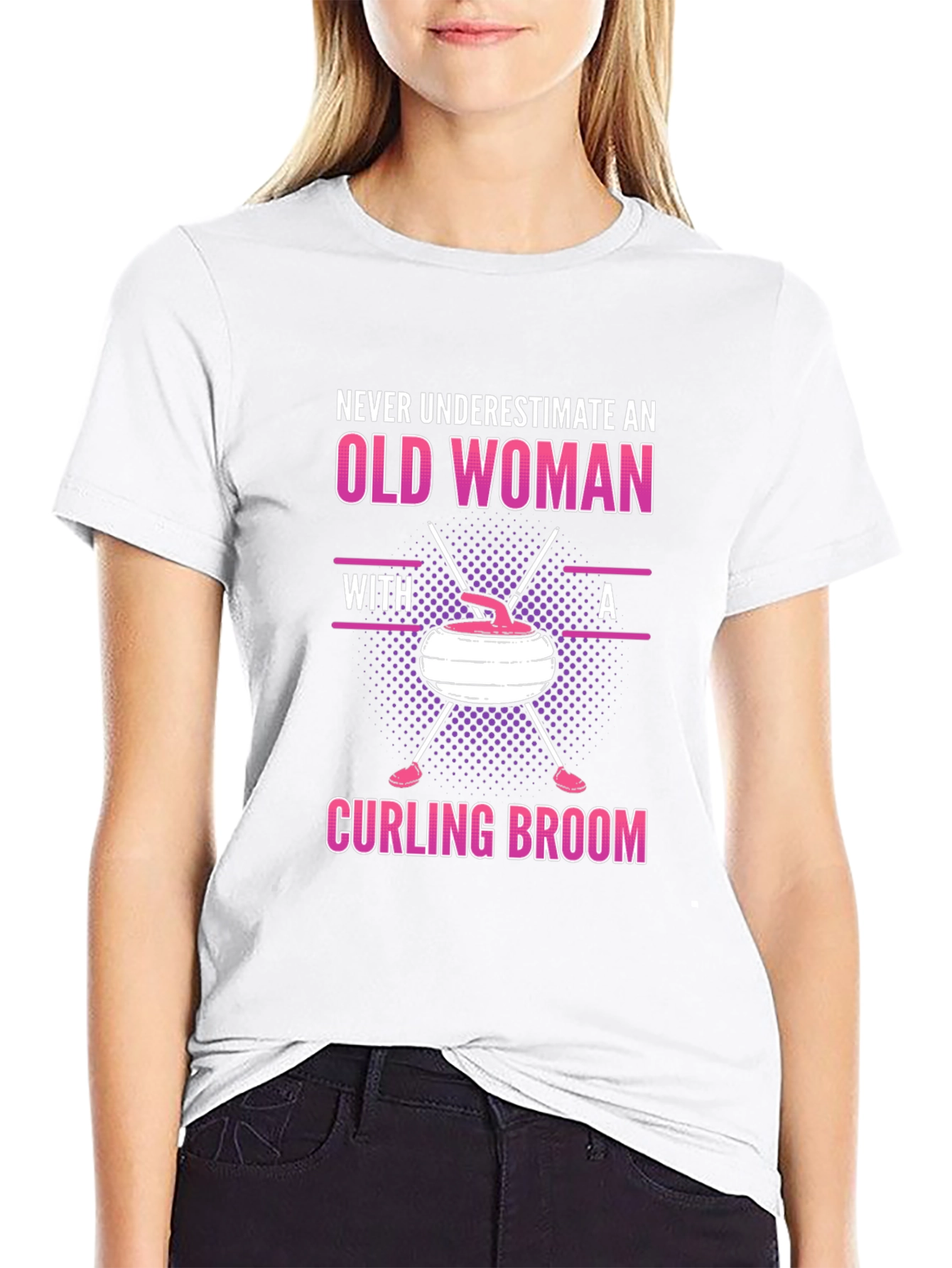 Old Woman Curling Broom Graphic T-Shirt
