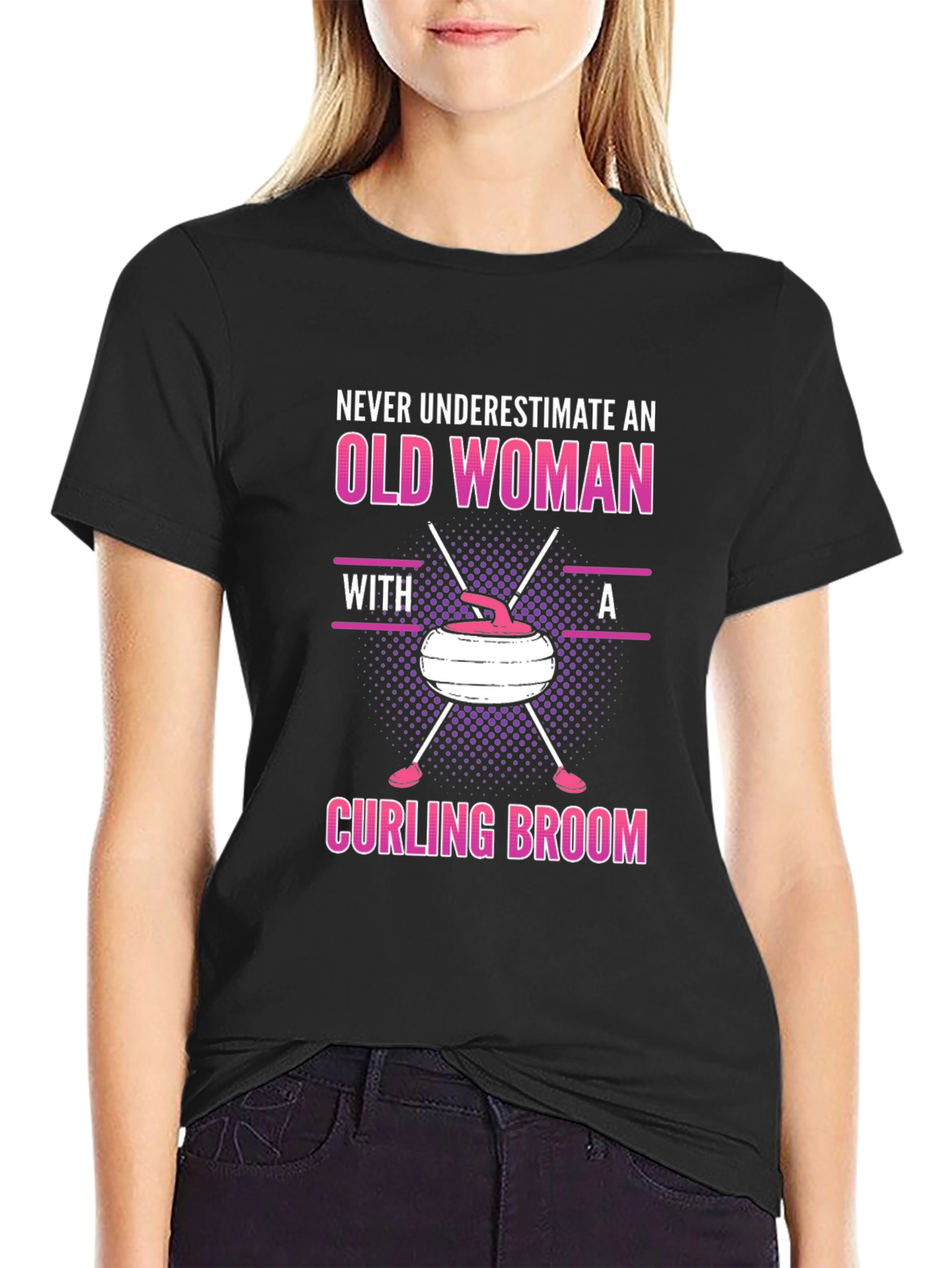 Old Woman Curling Broom Graphic T-Shirt