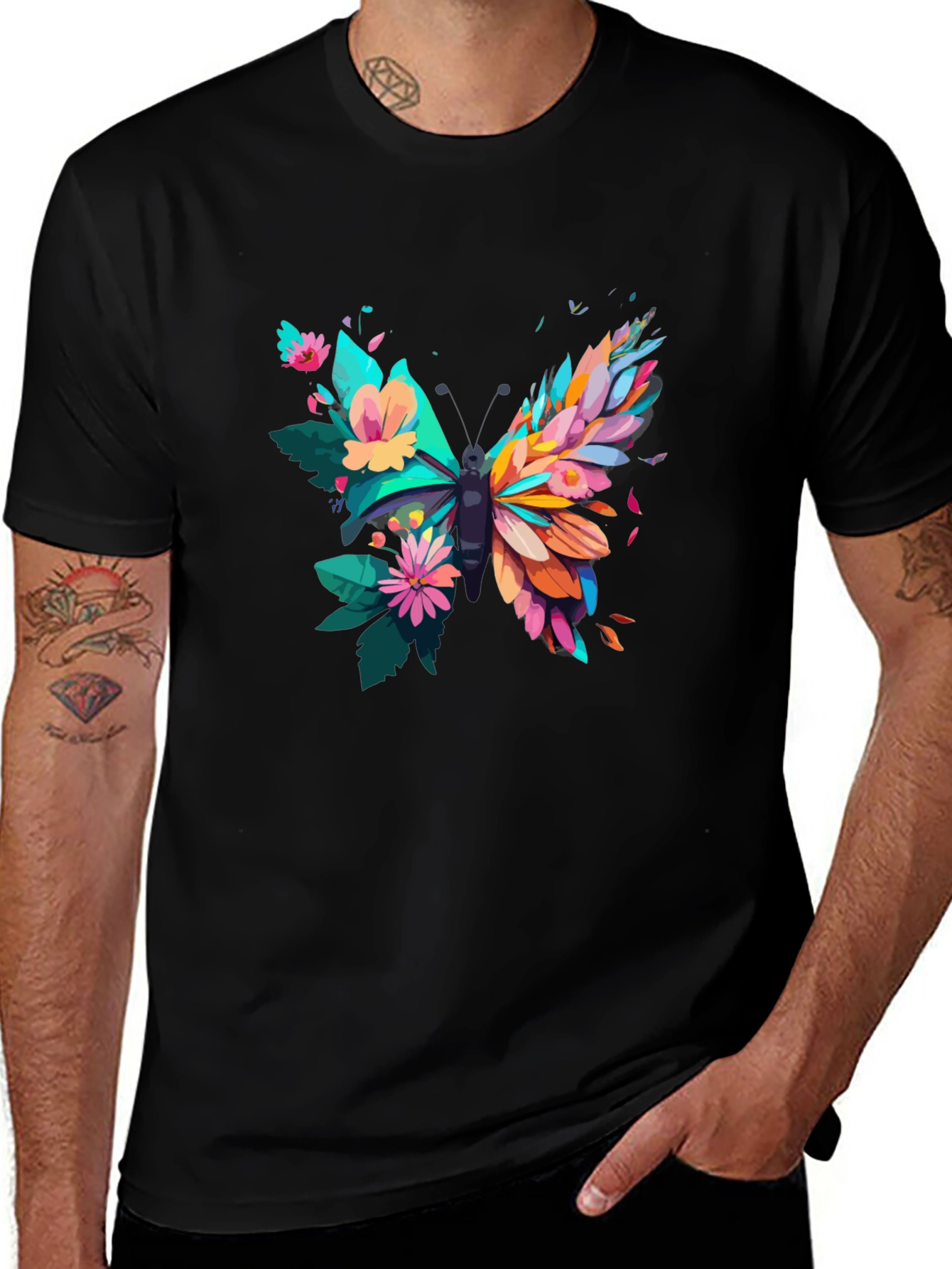 Butterfly Floral Graphic Tee - Mens Black T-Shirt