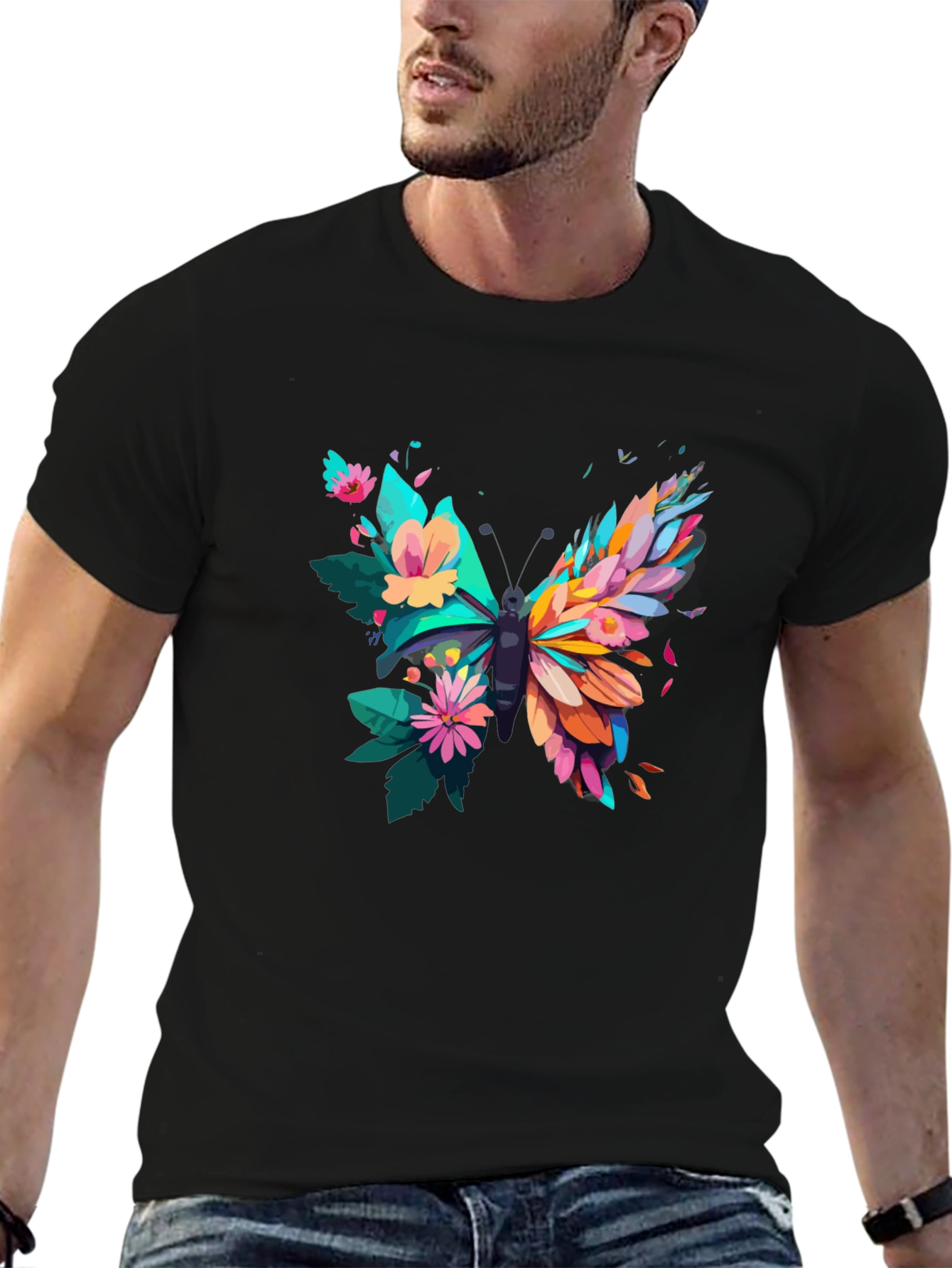 Butterfly Floral Graphic Tee - Mens Black T-Shirt