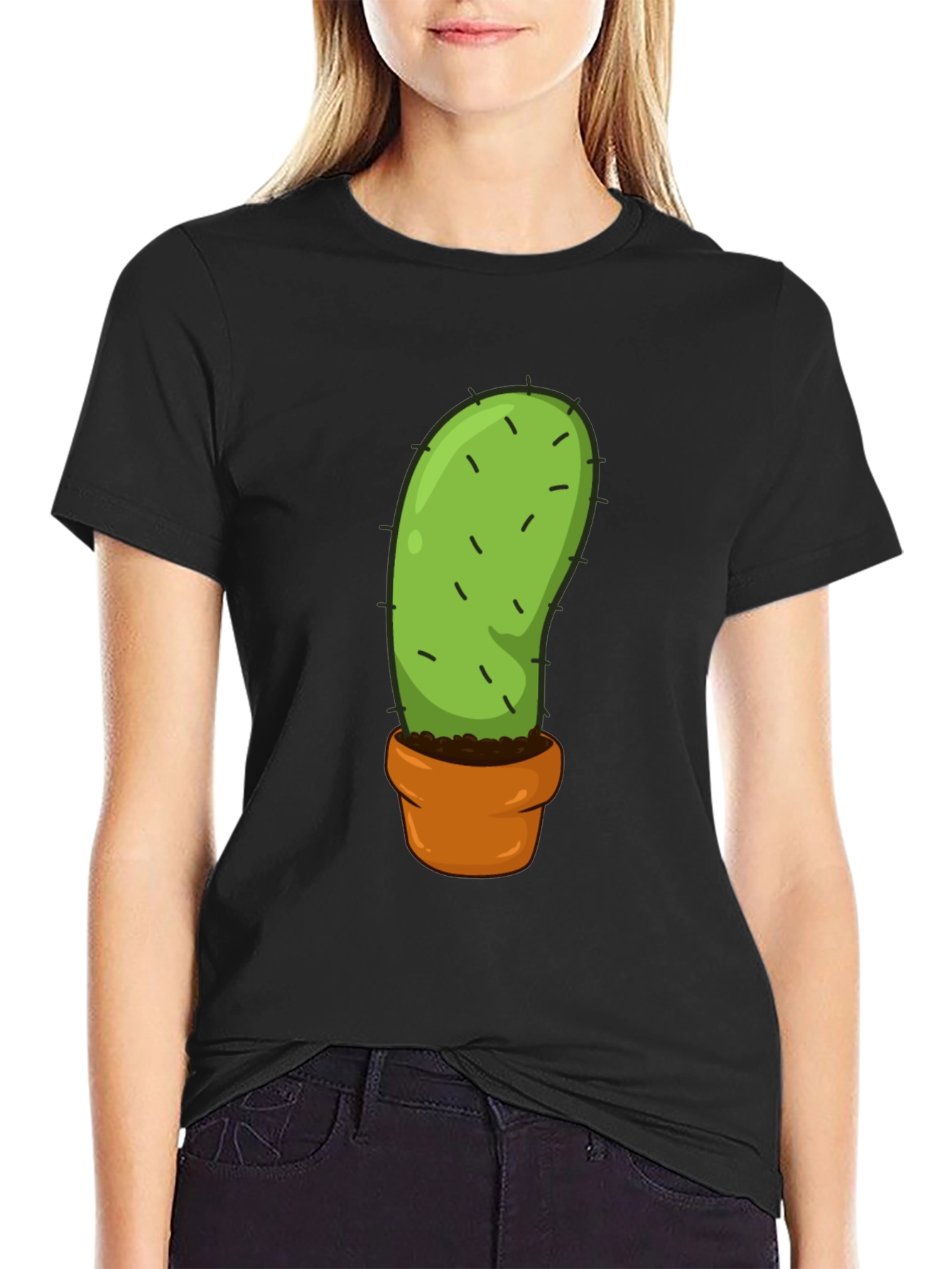 Cactus in Pot Graphic Tee - Black Cotton T-Shirt