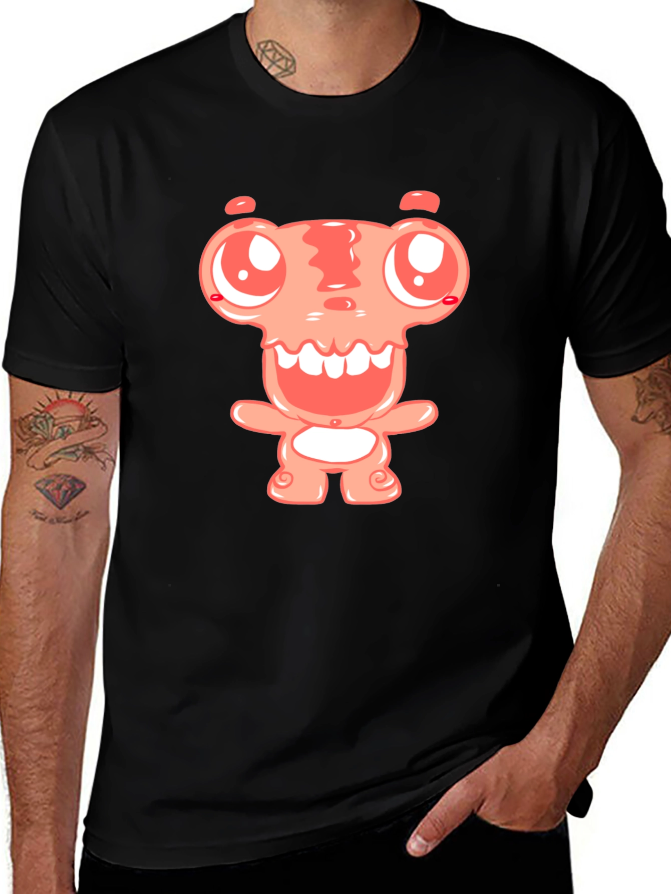 Cartoon Monster Graphic Tee - Black Cotton Blend Shirt