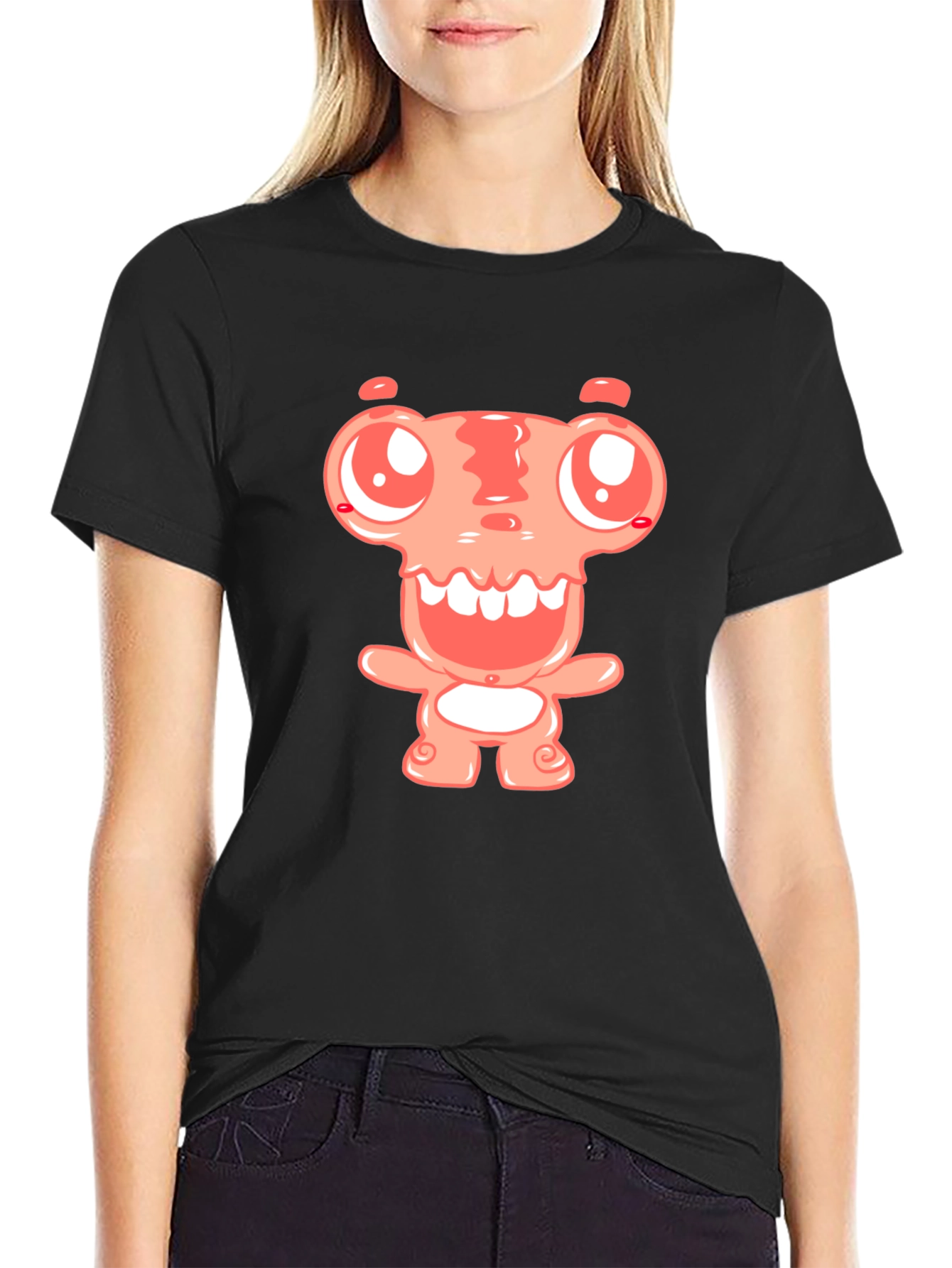 Cartoon Monster Graphic Tee - Black Cotton Blend Shirt
