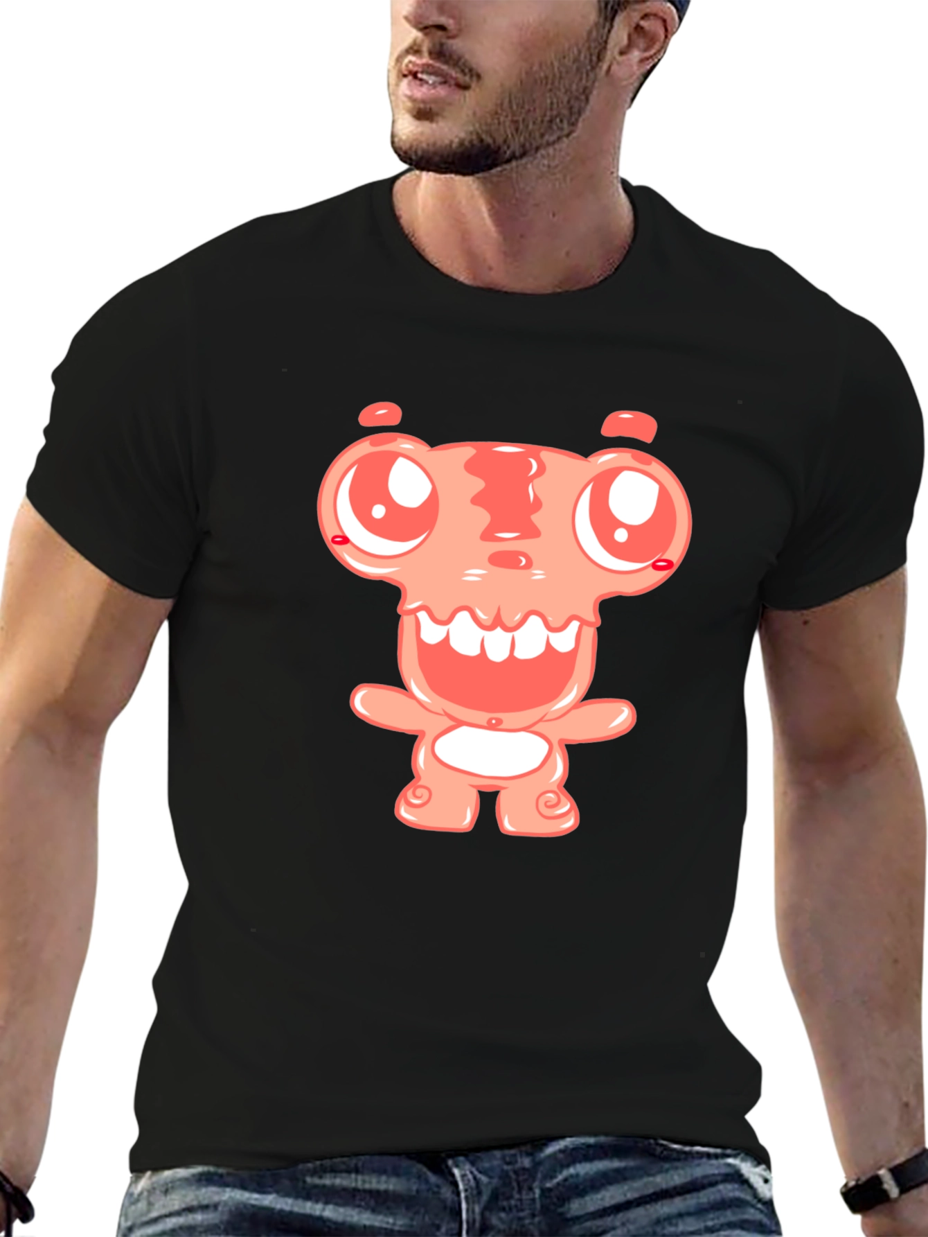 Cartoon Monster Graphic Tee - Black Cotton Blend Shirt