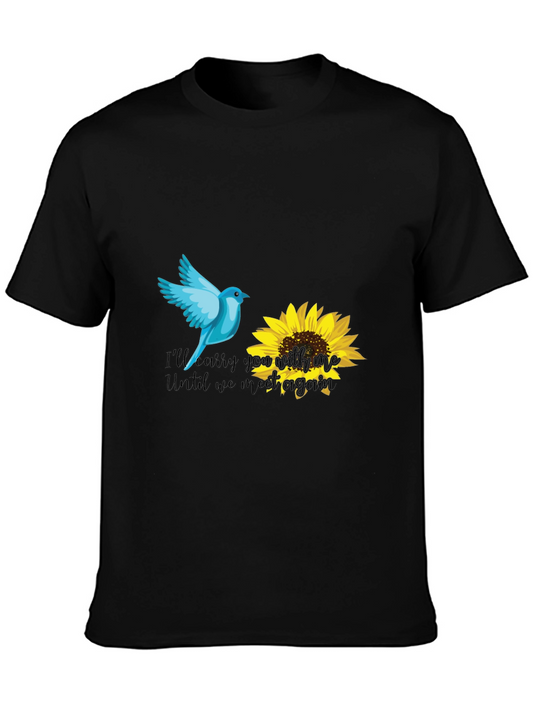 Blue Bird & Sunflower Graphic Black T-Shirt