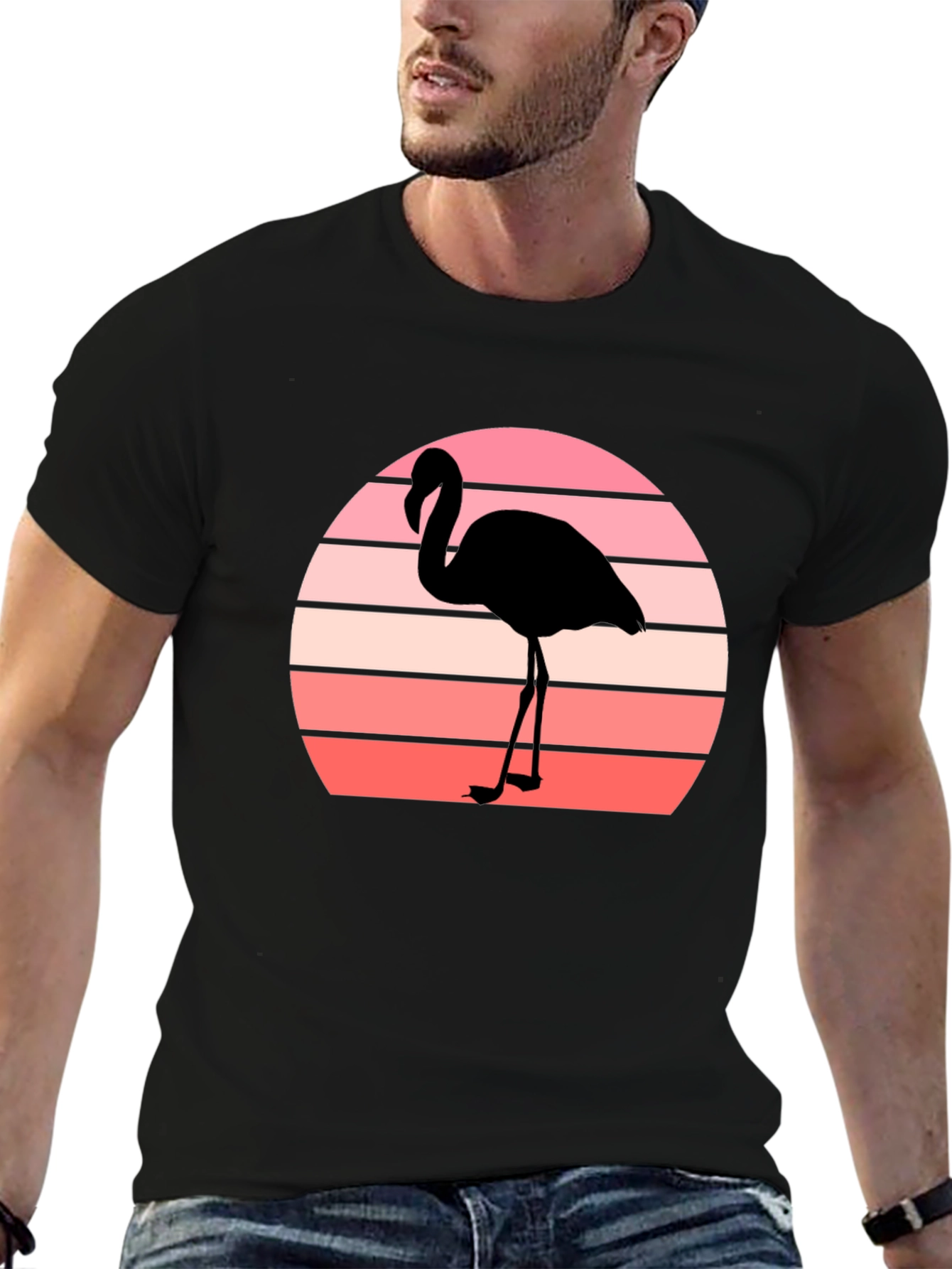 Retro Flamingo Sunset Graphic Tee - Black Cotton T-Shirt