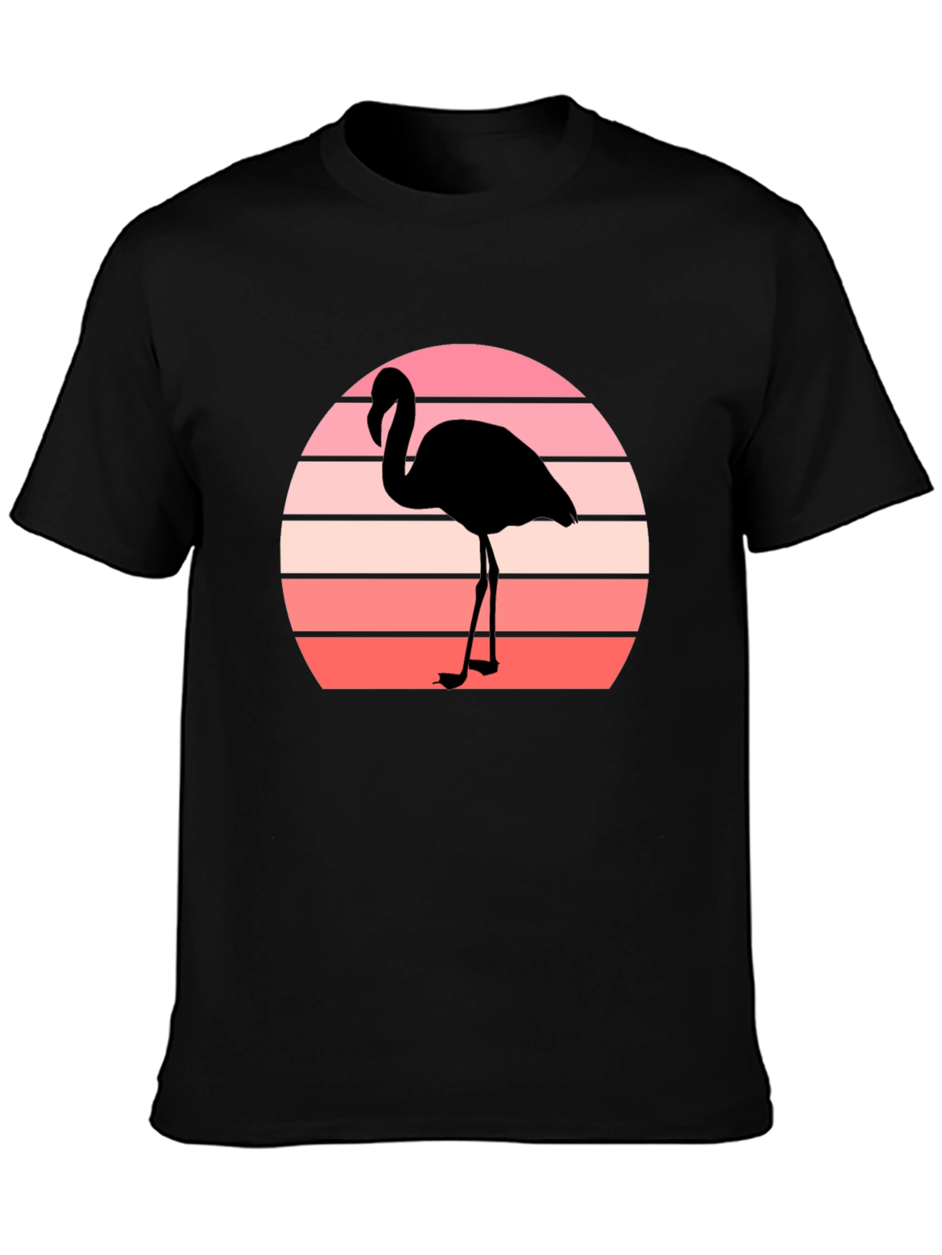 Retro Flamingo Sunset Graphic Tee - Black Cotton T-Shirt