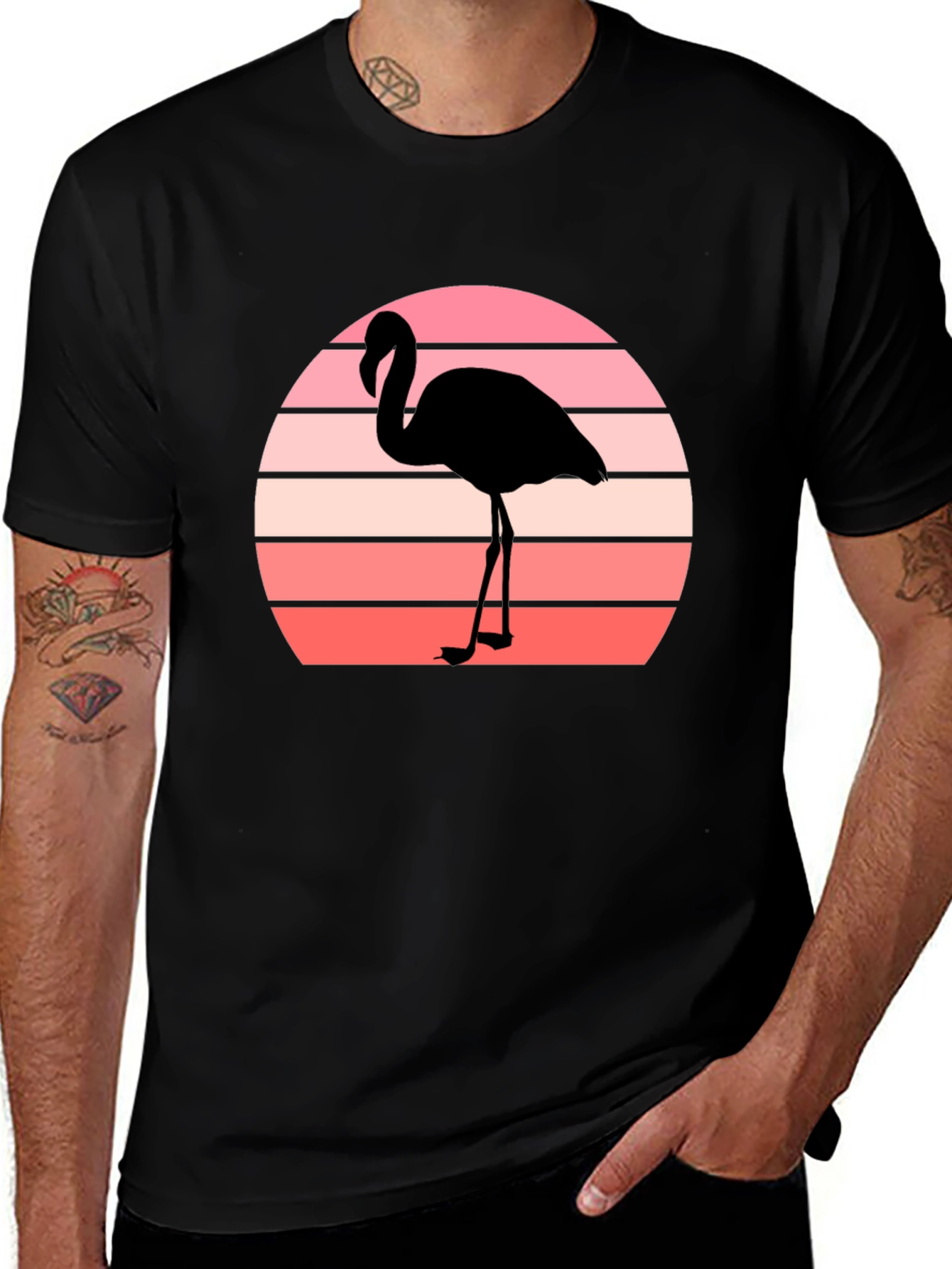 Retro Flamingo Sunset Graphic Tee - Black Cotton T-Shirt