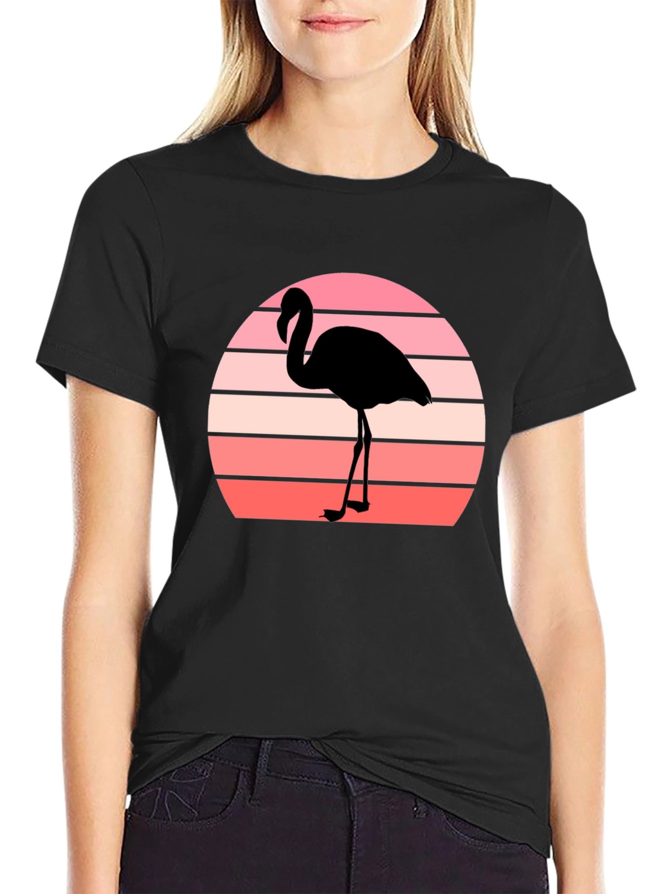 Retro Flamingo Sunset Graphic Tee - Black Cotton T-Shirt