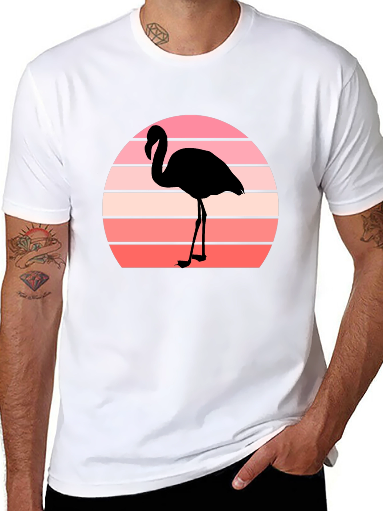 Retro Flamingo Sunset Graphic Tee - Black Cotton T-Shirt