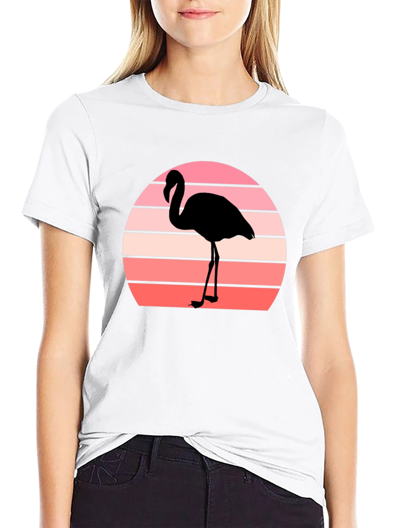Retro Flamingo Sunset Graphic Tee - Black Cotton T-Shirt