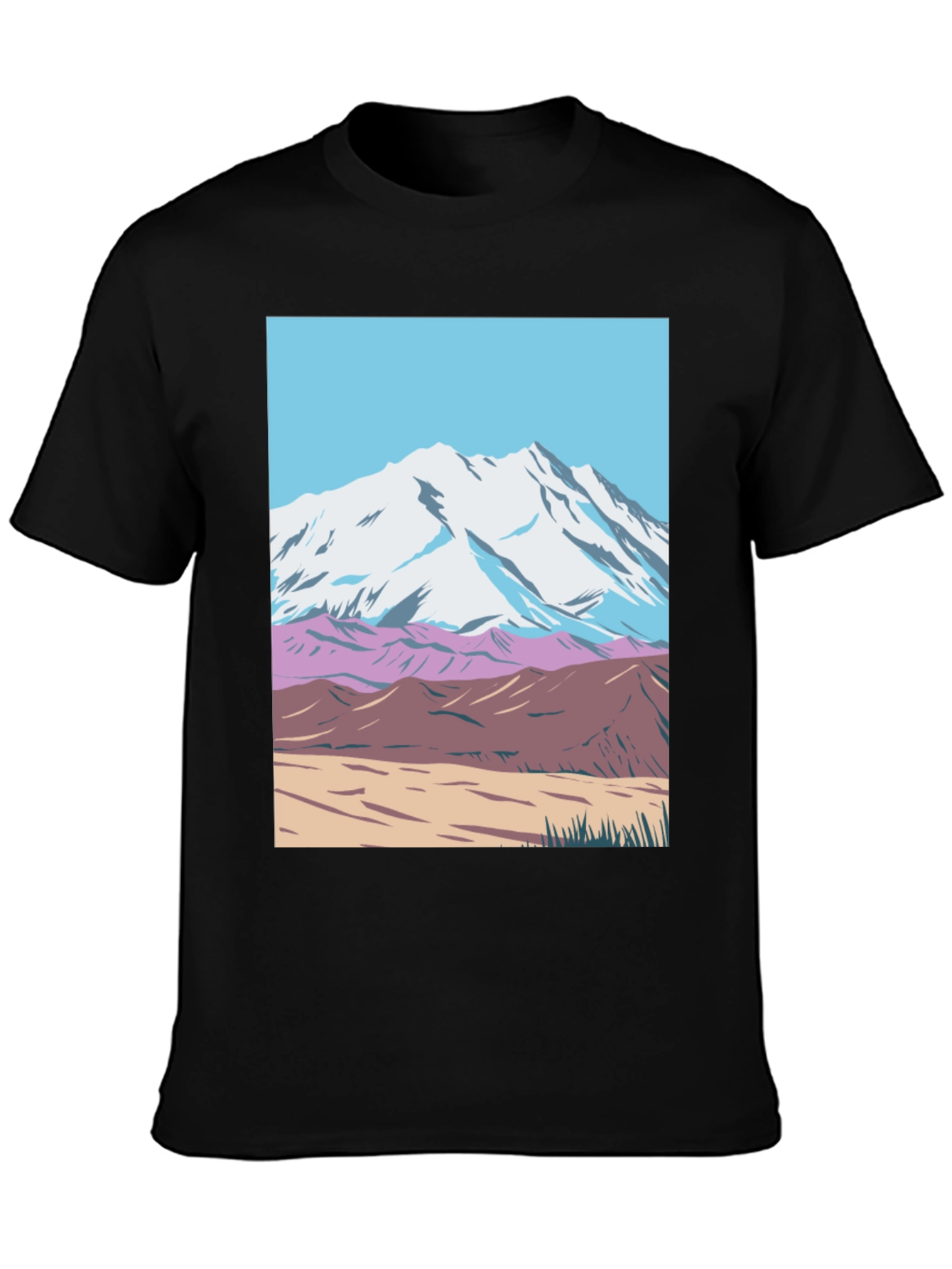 Mountain Scene Graphic Tee - Black Crew Neck T-Shirt