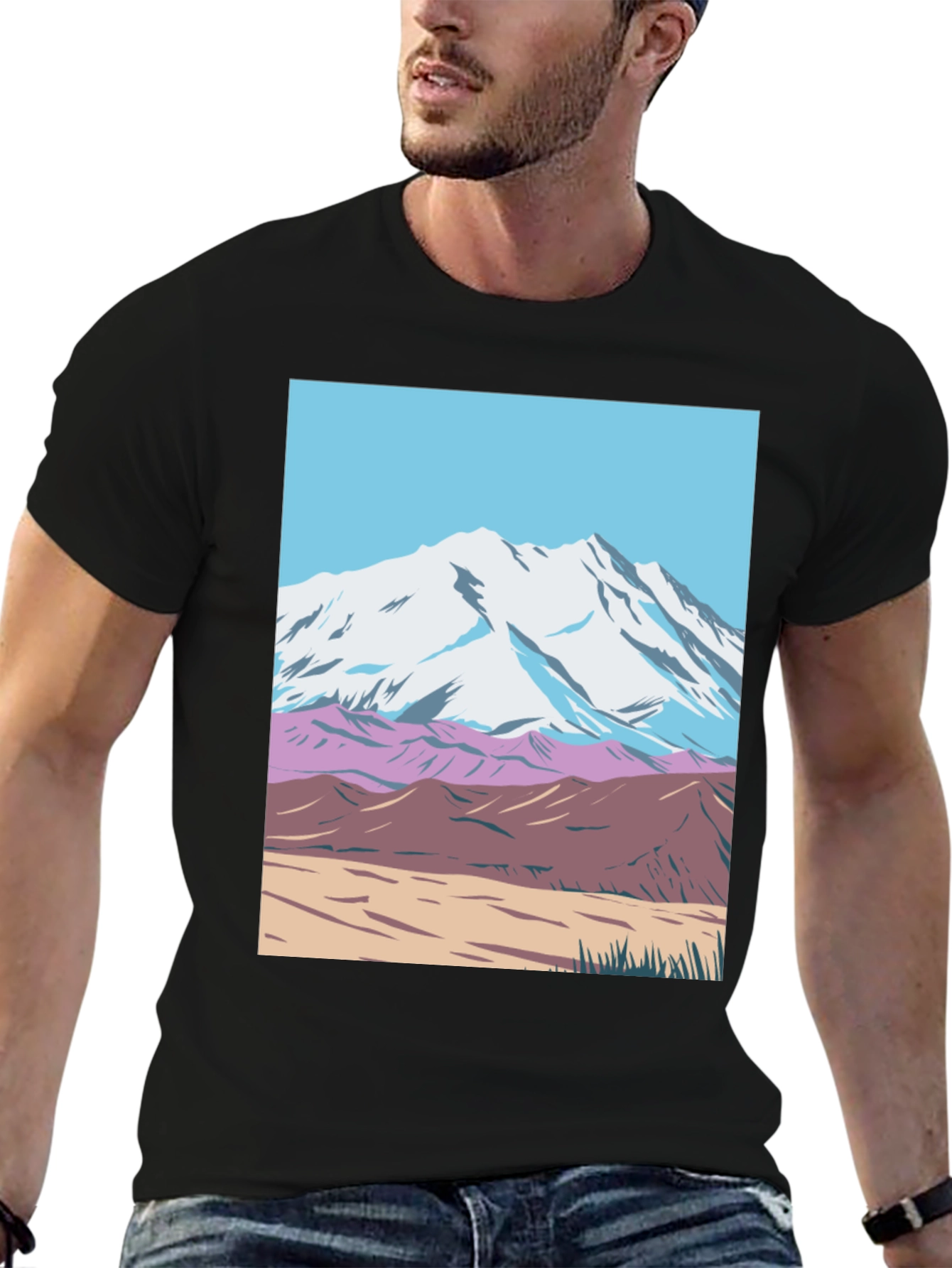 Mountain Scene Graphic Tee - Black Crew Neck T-Shirt