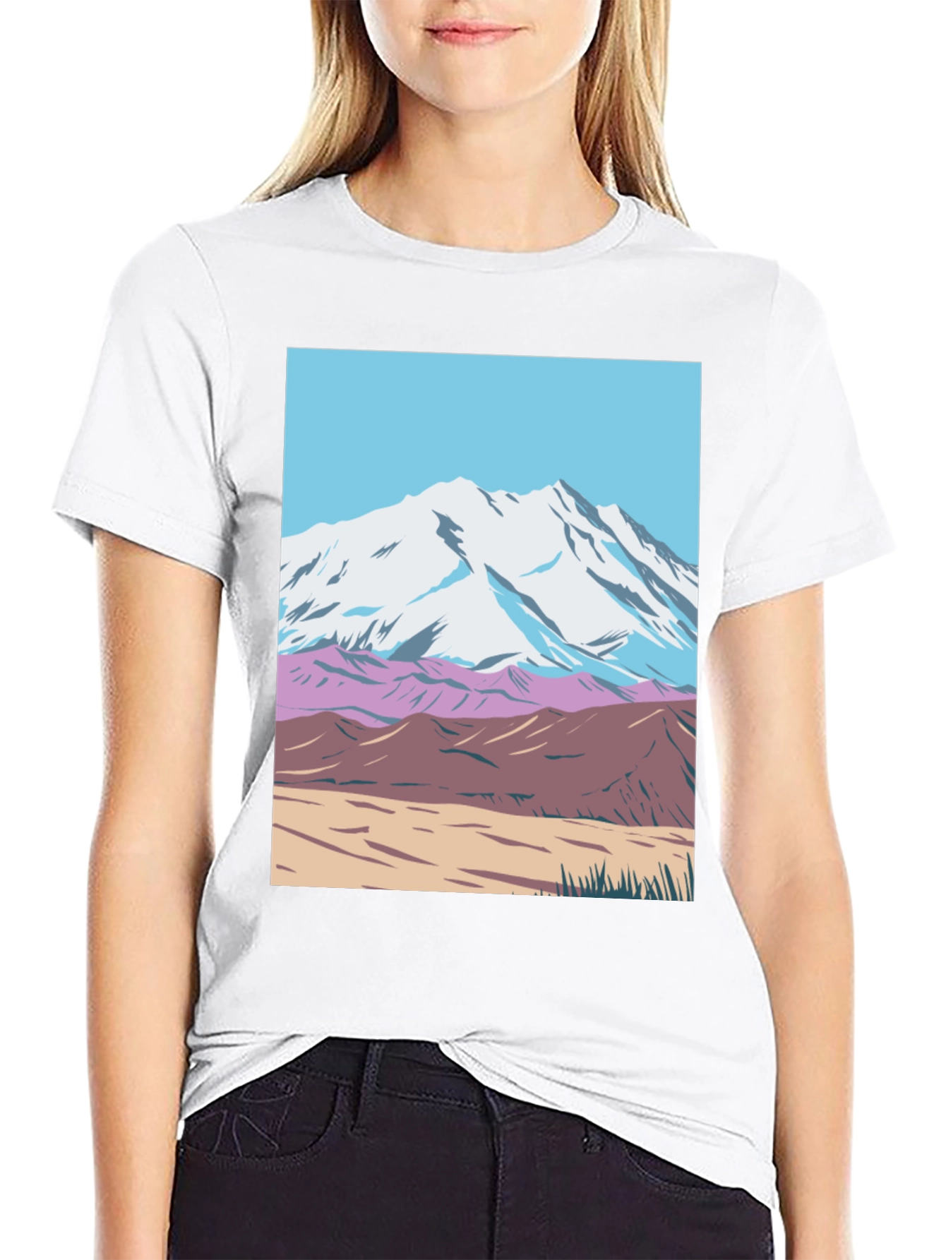 Mountain Scene Graphic Tee - Black Crew Neck T-Shirt