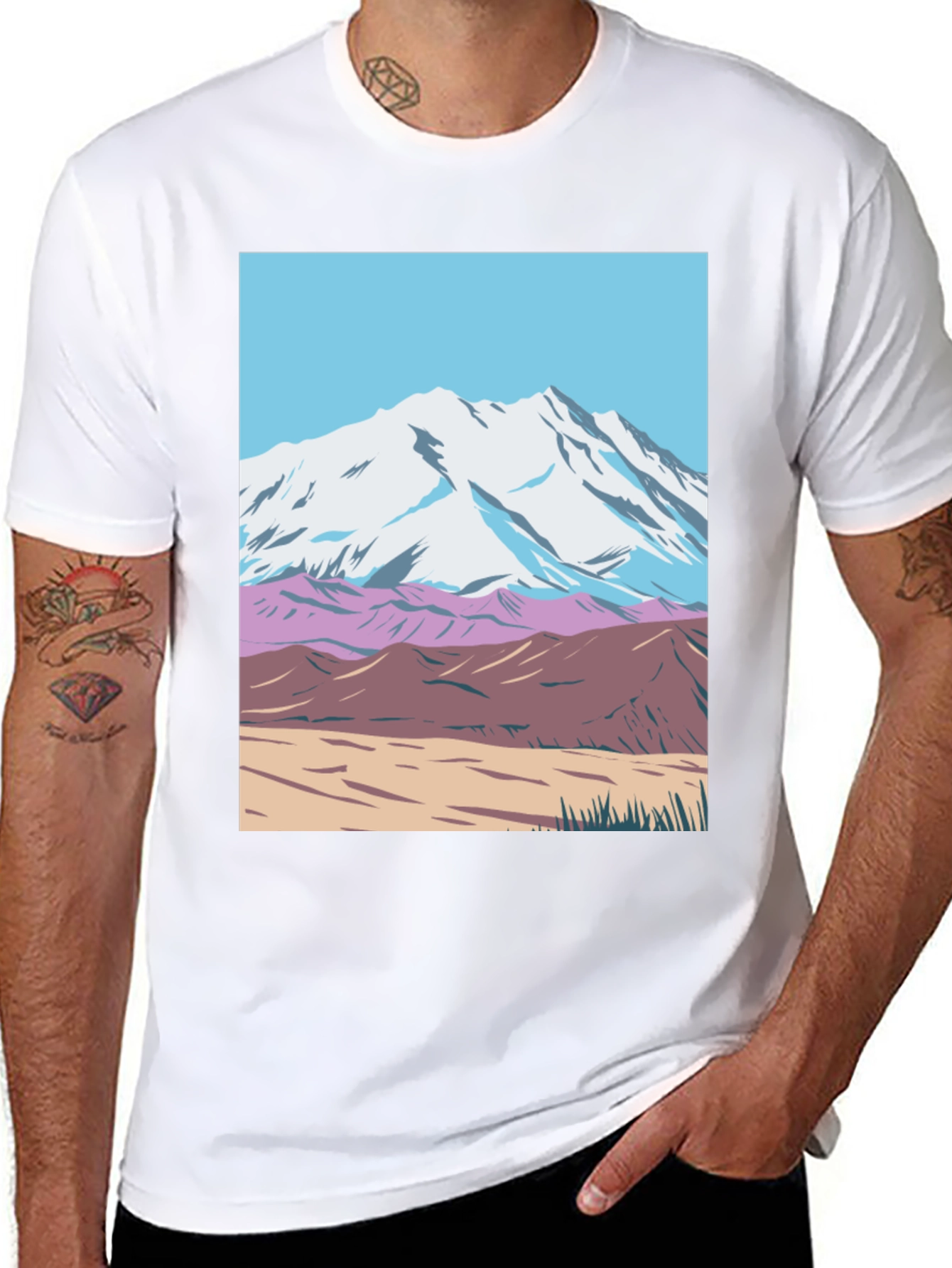 Mountain Scene Graphic Tee - Black Crew Neck T-Shirt
