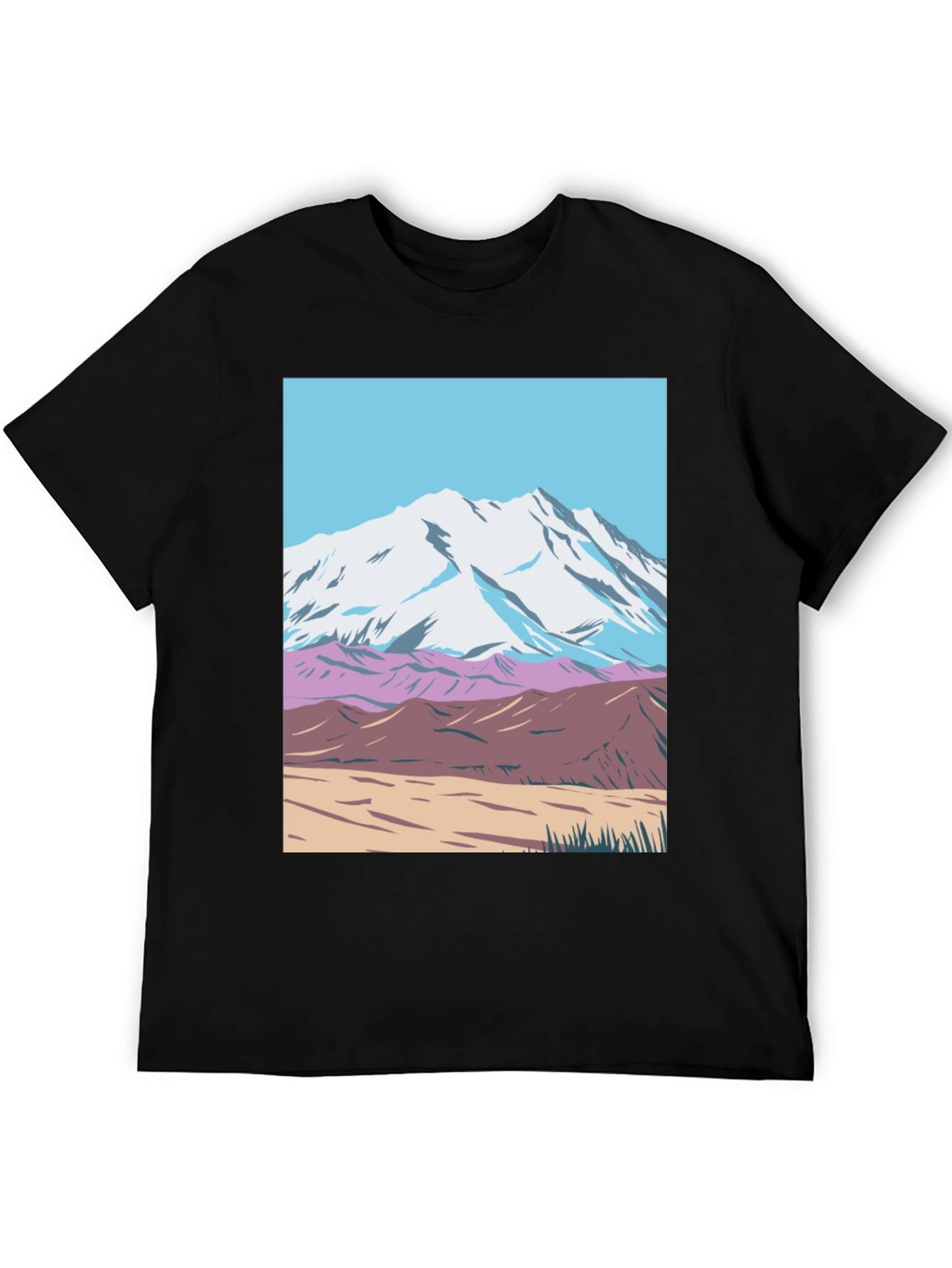 Mountain Scene Graphic Tee - Black Crew Neck T-Shirt