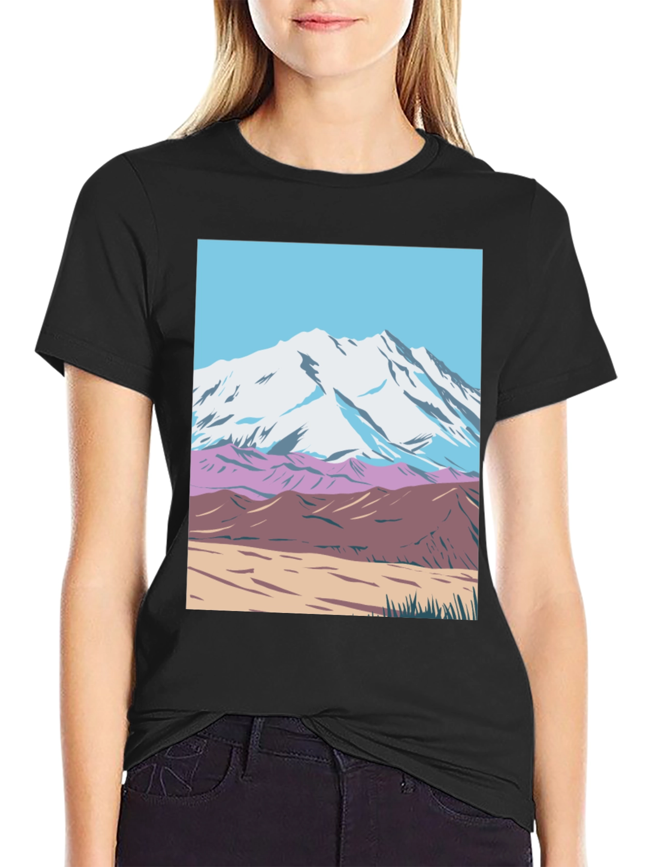 Mountain Scene Graphic Tee - Black Crew Neck T-Shirt