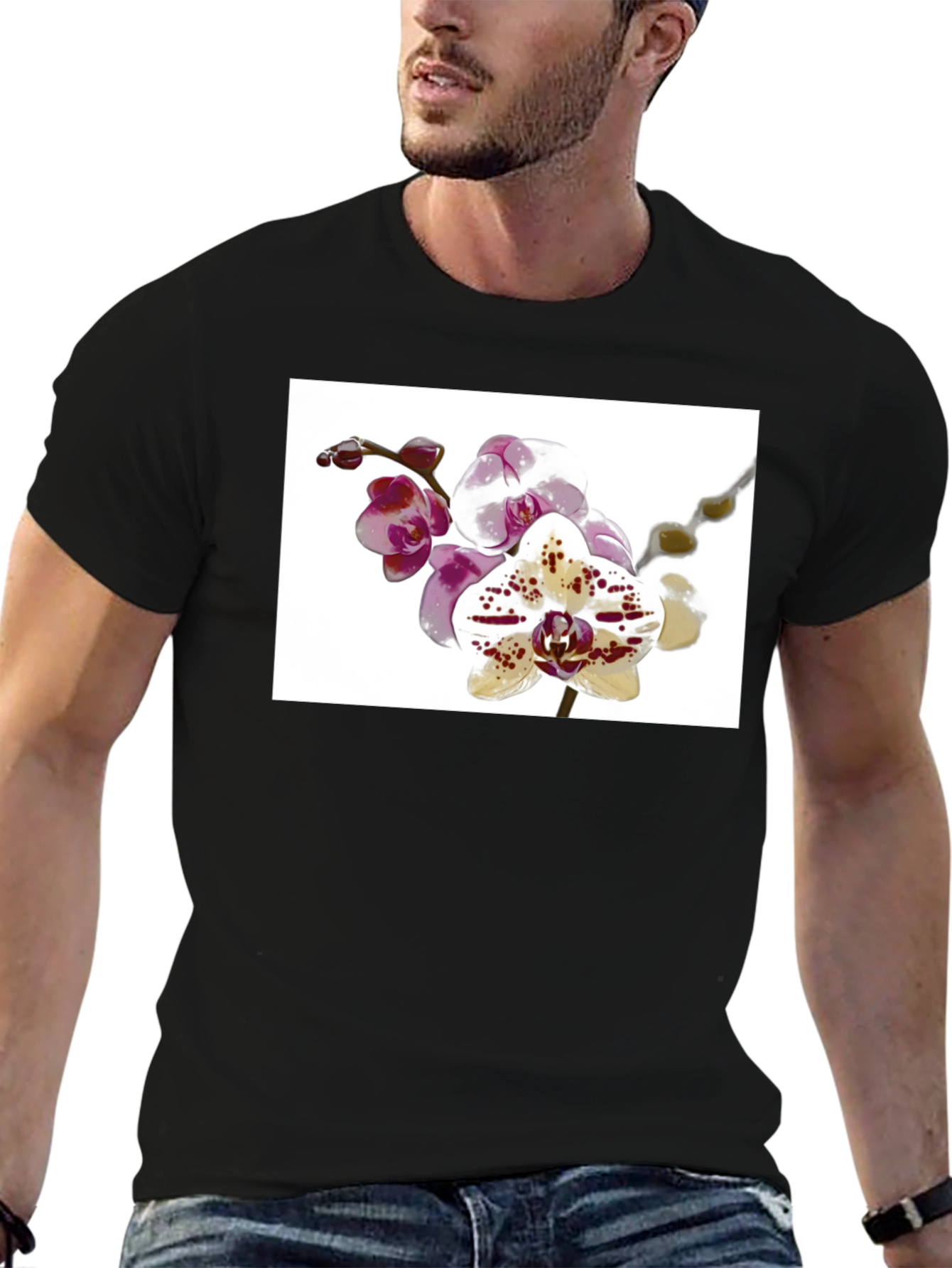 Floral Orchid Print Black T-Shirt