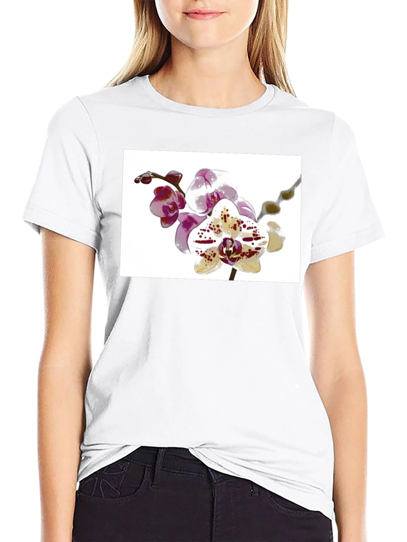 Floral Orchid Print Black T-Shirt
