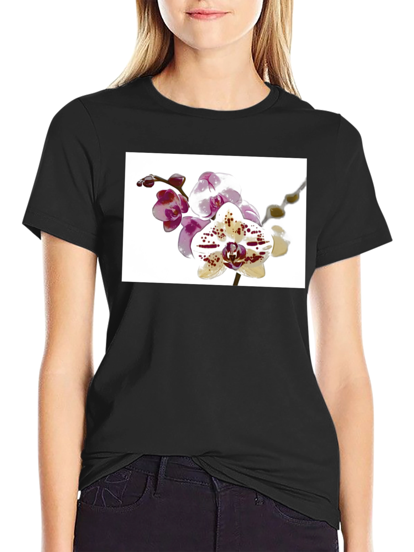 Floral Orchid Print Black T-Shirt