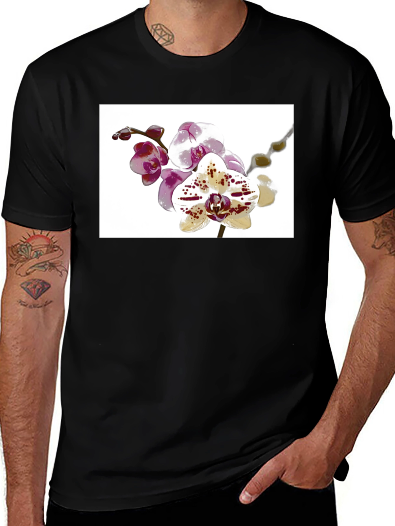 Floral Orchid Print Black T-Shirt