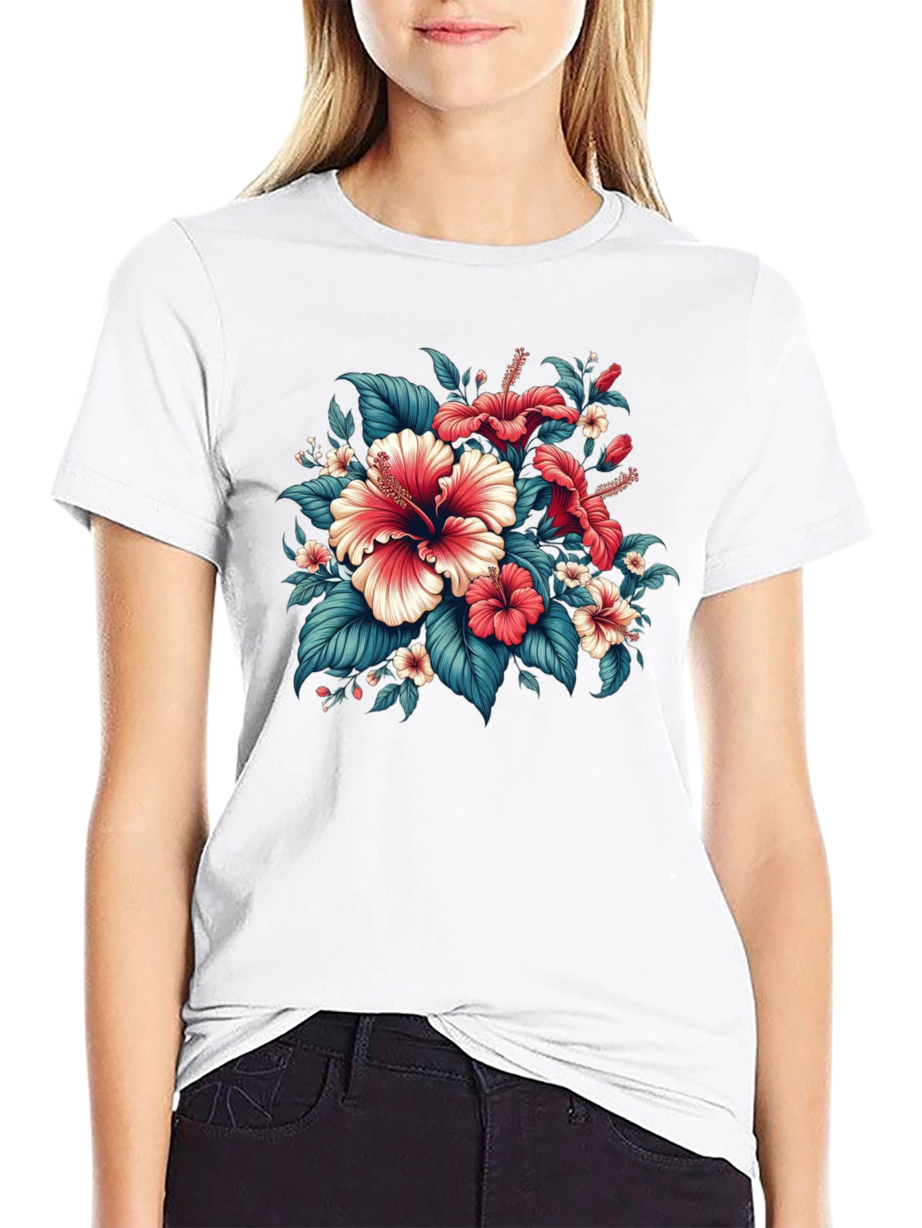 Floral Hibiscus Graphic Tee - Black Cotton Blend