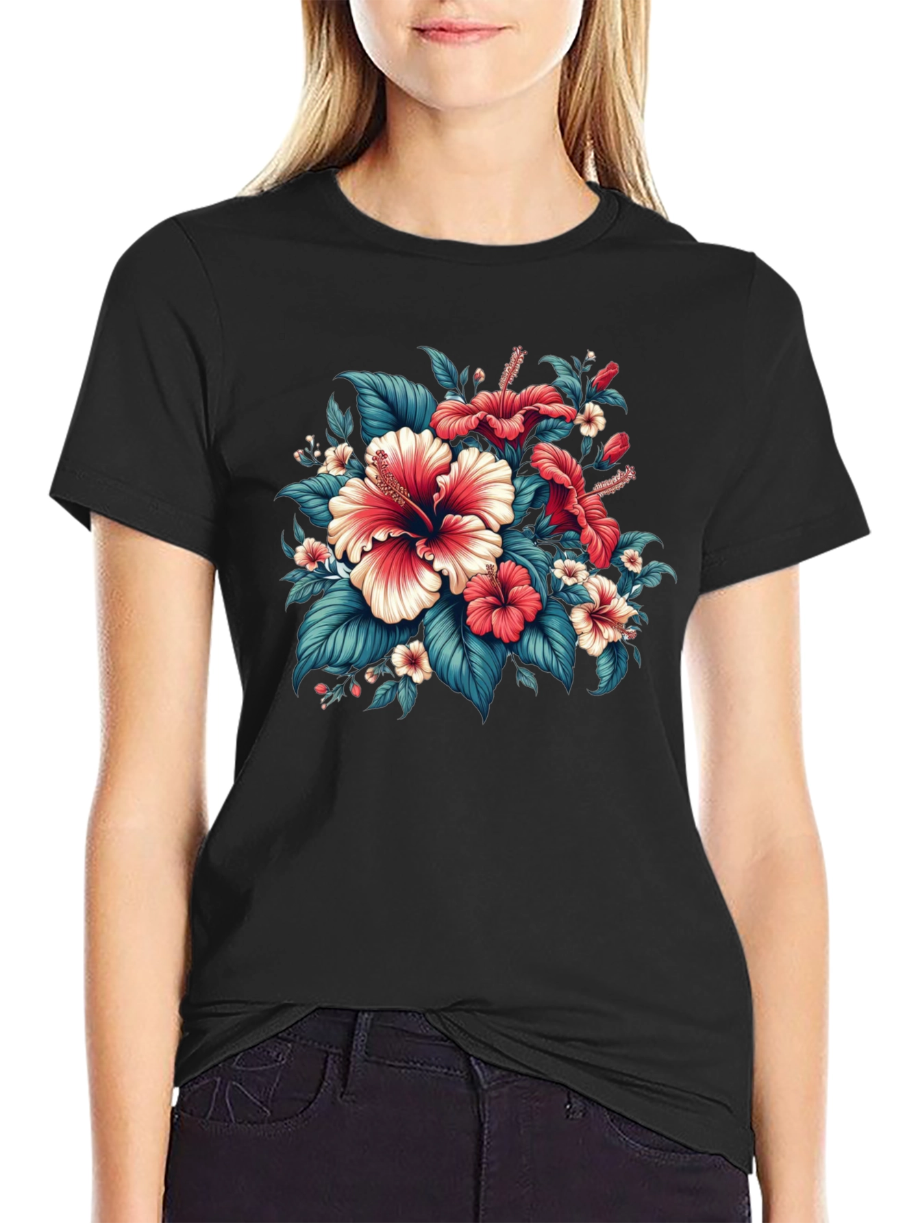 Floral Hibiscus Graphic Tee - Black Cotton Blend