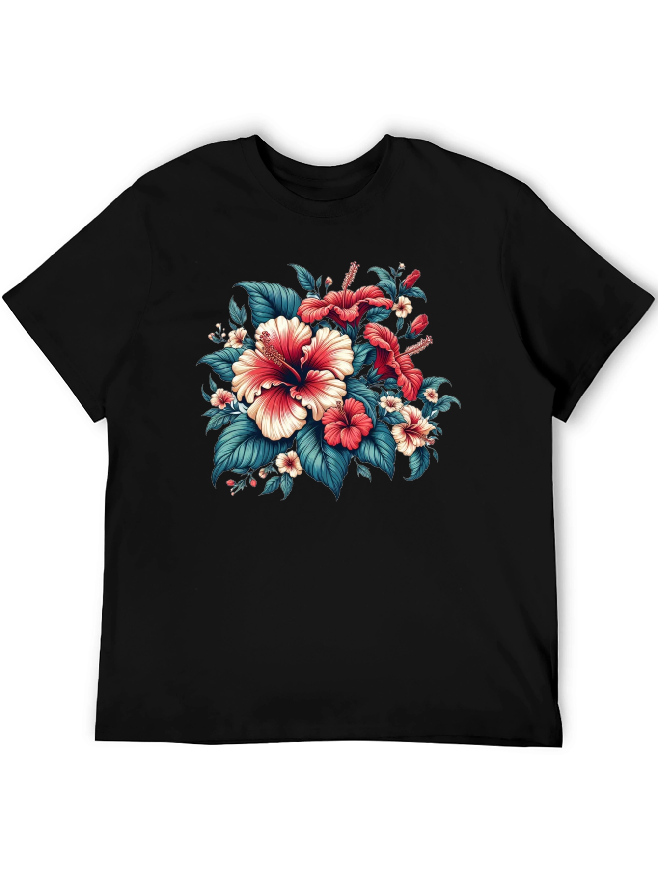 Floral Hibiscus Graphic Tee - Black Cotton Blend