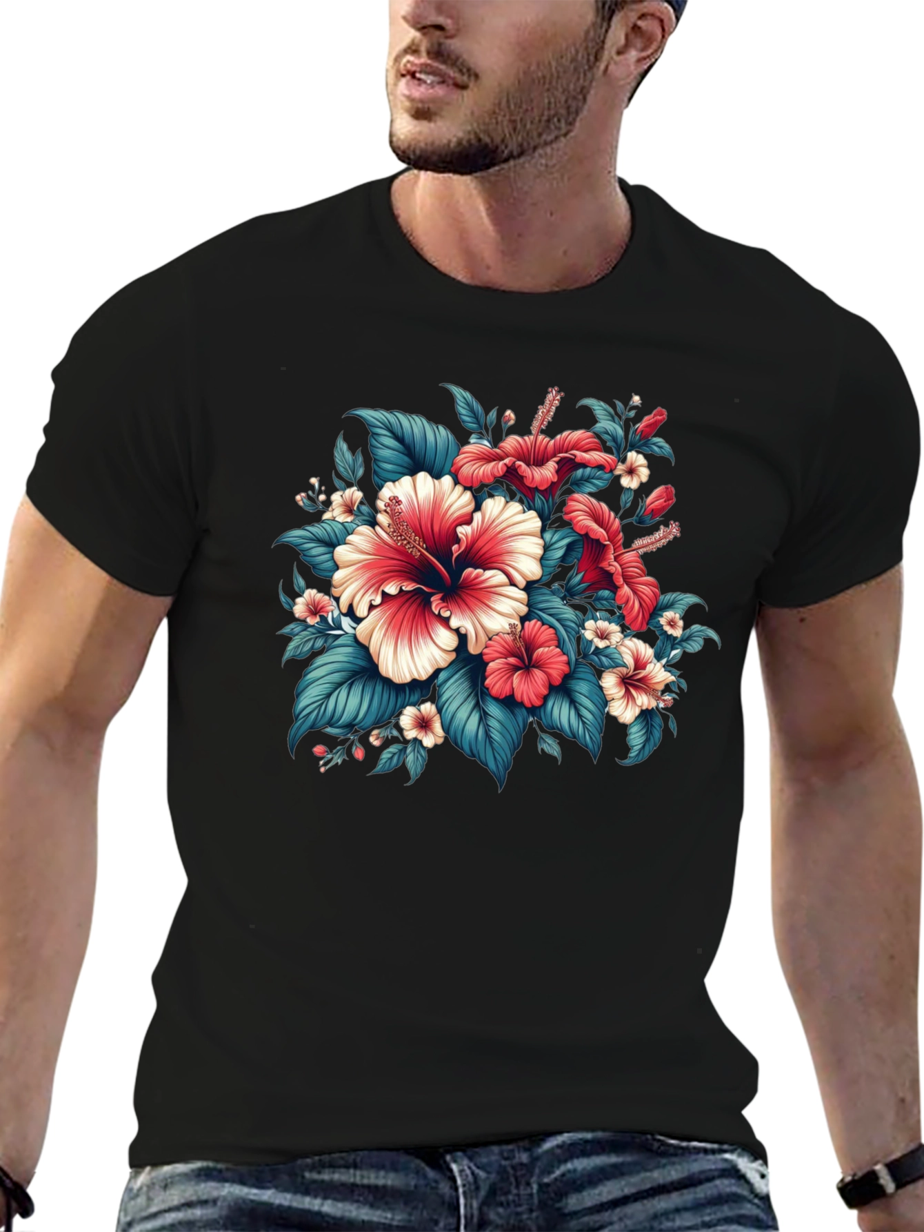 Floral Hibiscus Graphic Tee - Black Cotton Blend