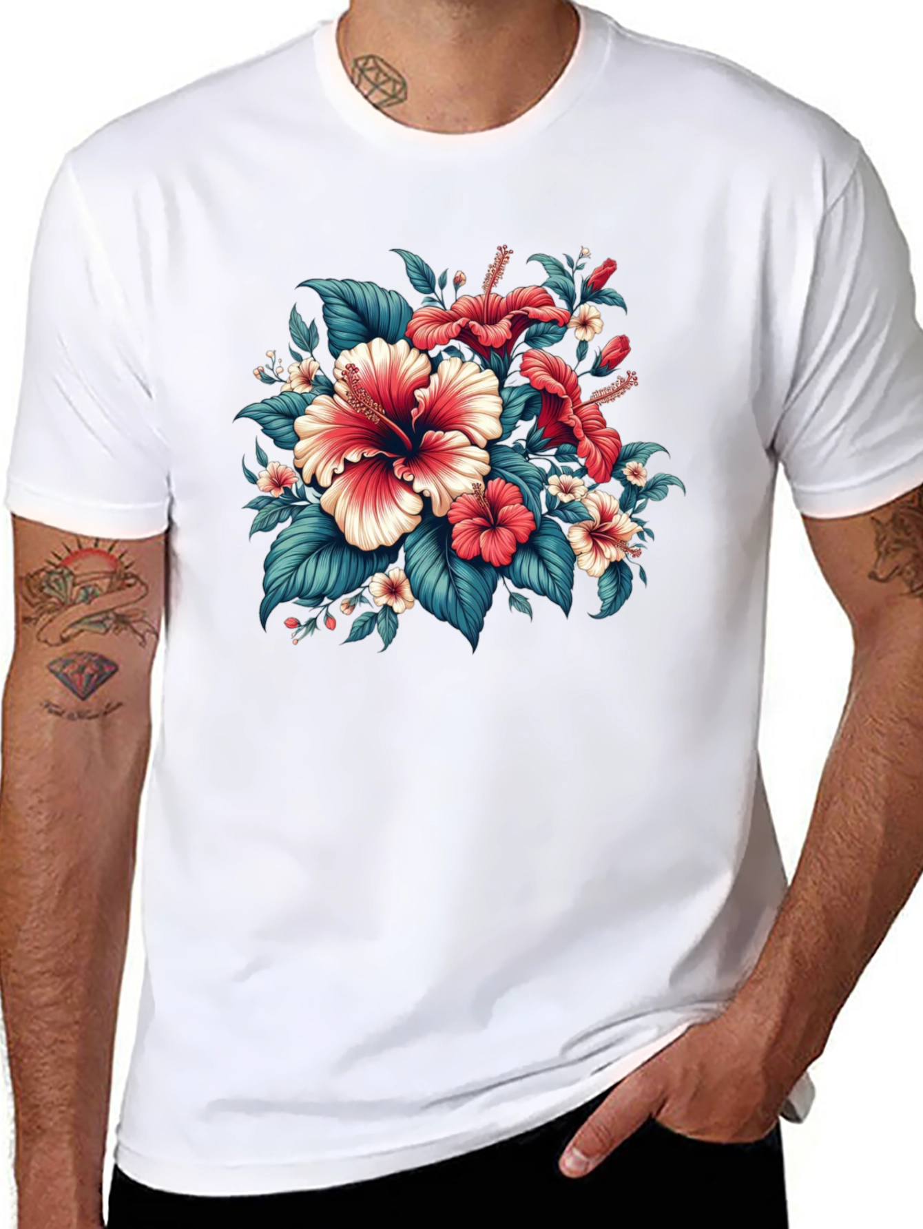 Floral Hibiscus Graphic Tee - Black Cotton Blend