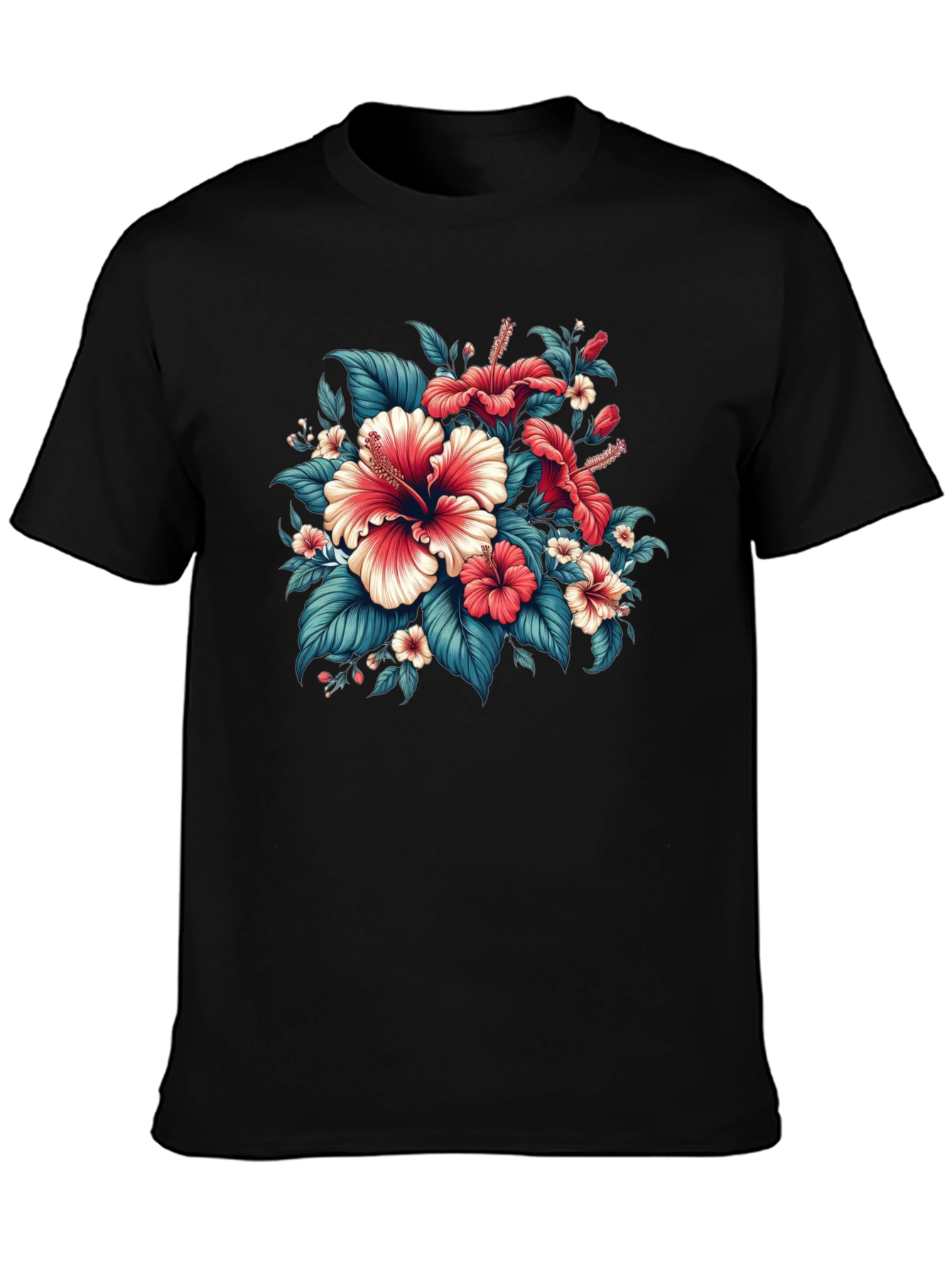 Floral Hibiscus Graphic Tee - Black Cotton Blend