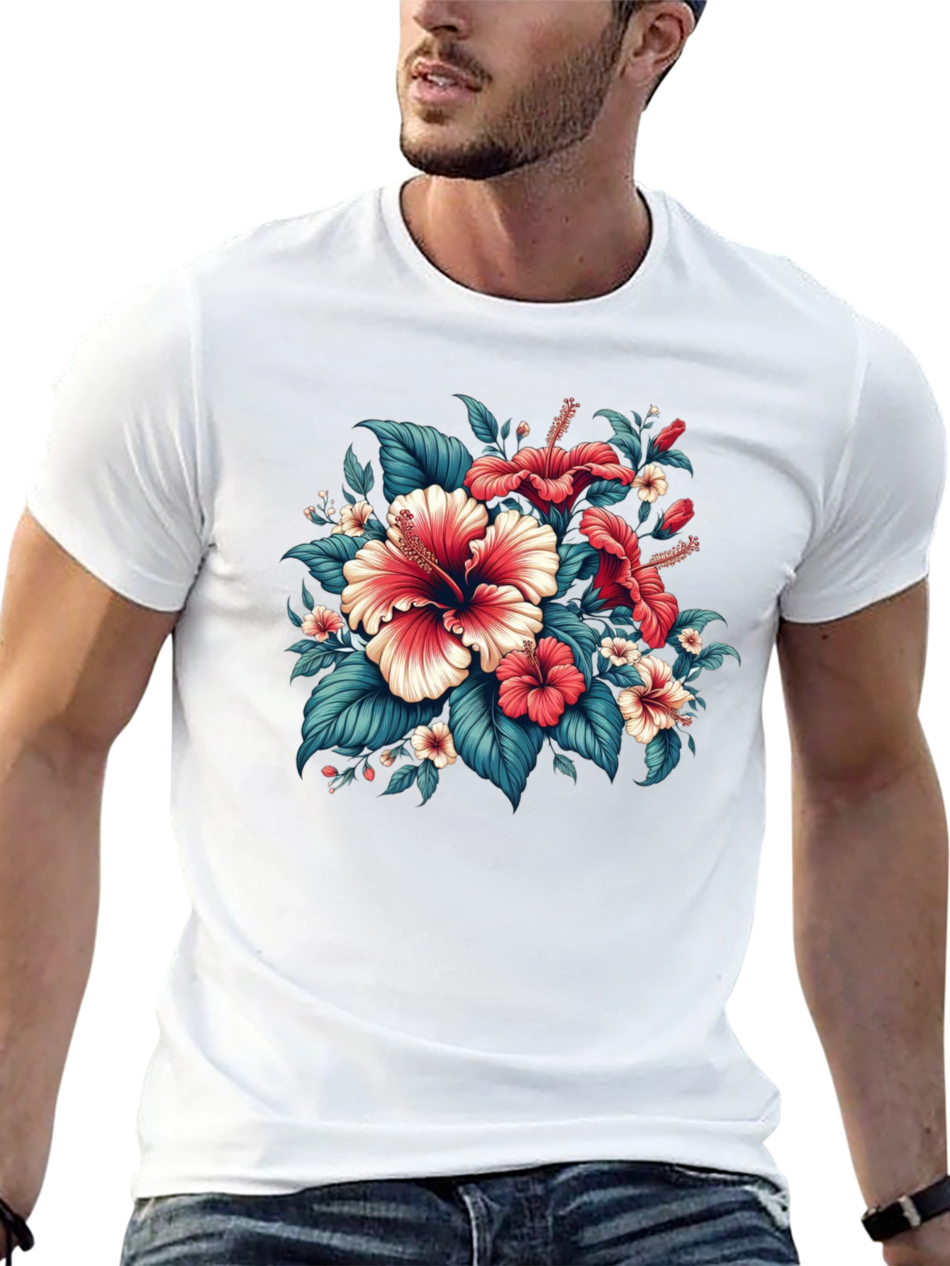 Floral Hibiscus Graphic Tee - Black Cotton Blend