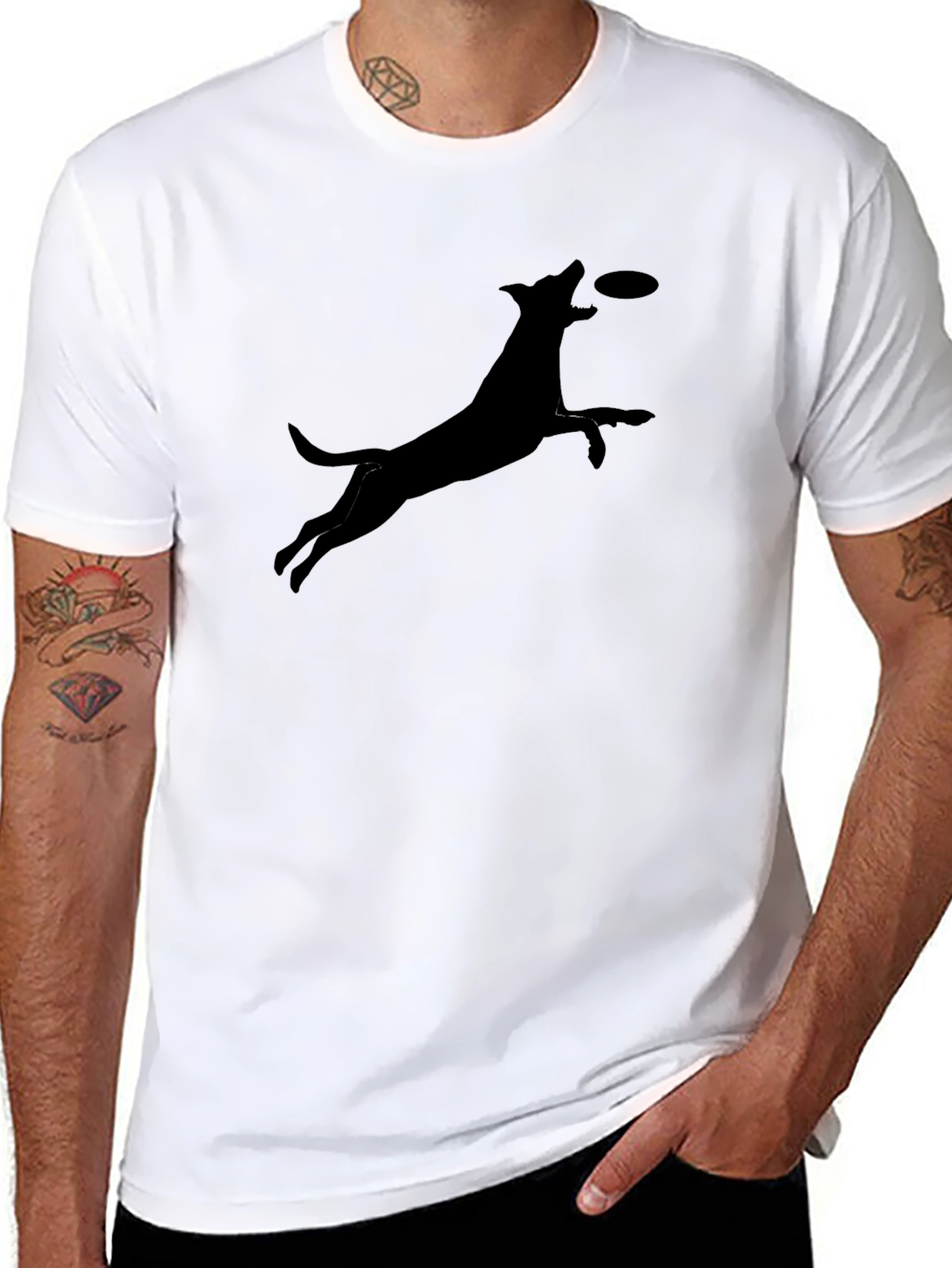 Dog Catching Frisbee Graphic Tee - Casual Cotton T-Shirt
