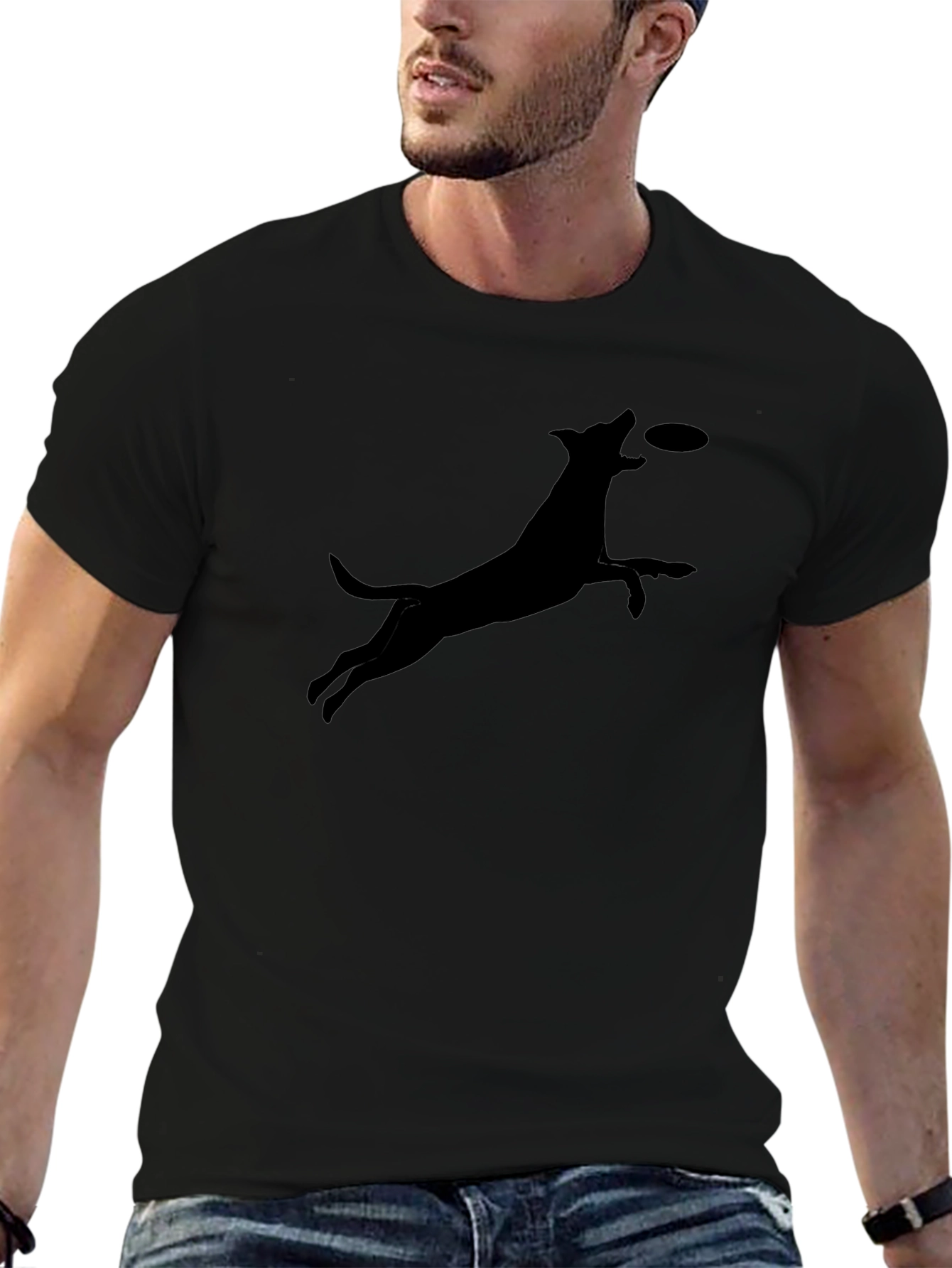 Dog Catching Frisbee Graphic Tee - Casual Cotton T-Shirt