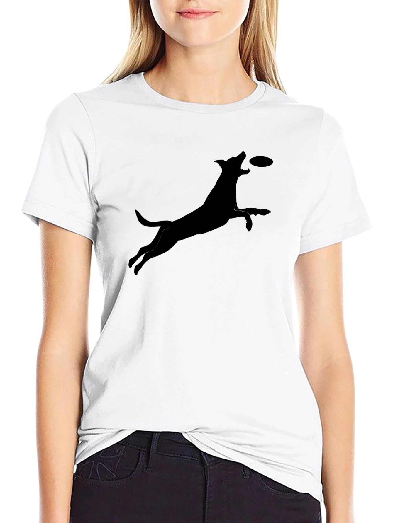 Dog Catching Frisbee Graphic Tee - Casual Cotton T-Shirt