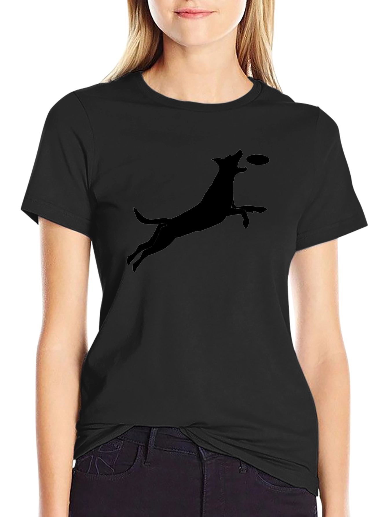 Dog Catching Frisbee Graphic Tee - Casual Cotton T-Shirt