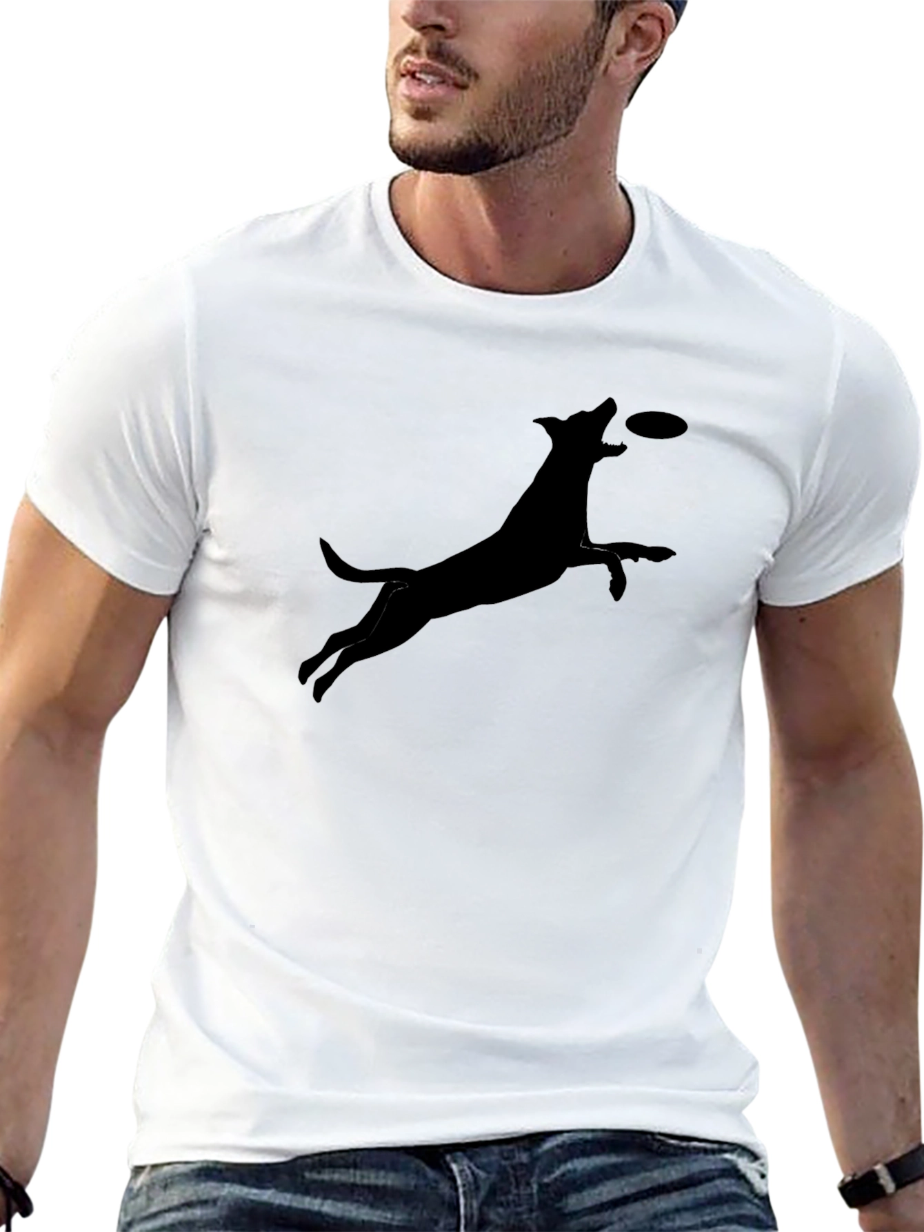 Dog Catching Frisbee Graphic Tee - Casual Cotton T-Shirt